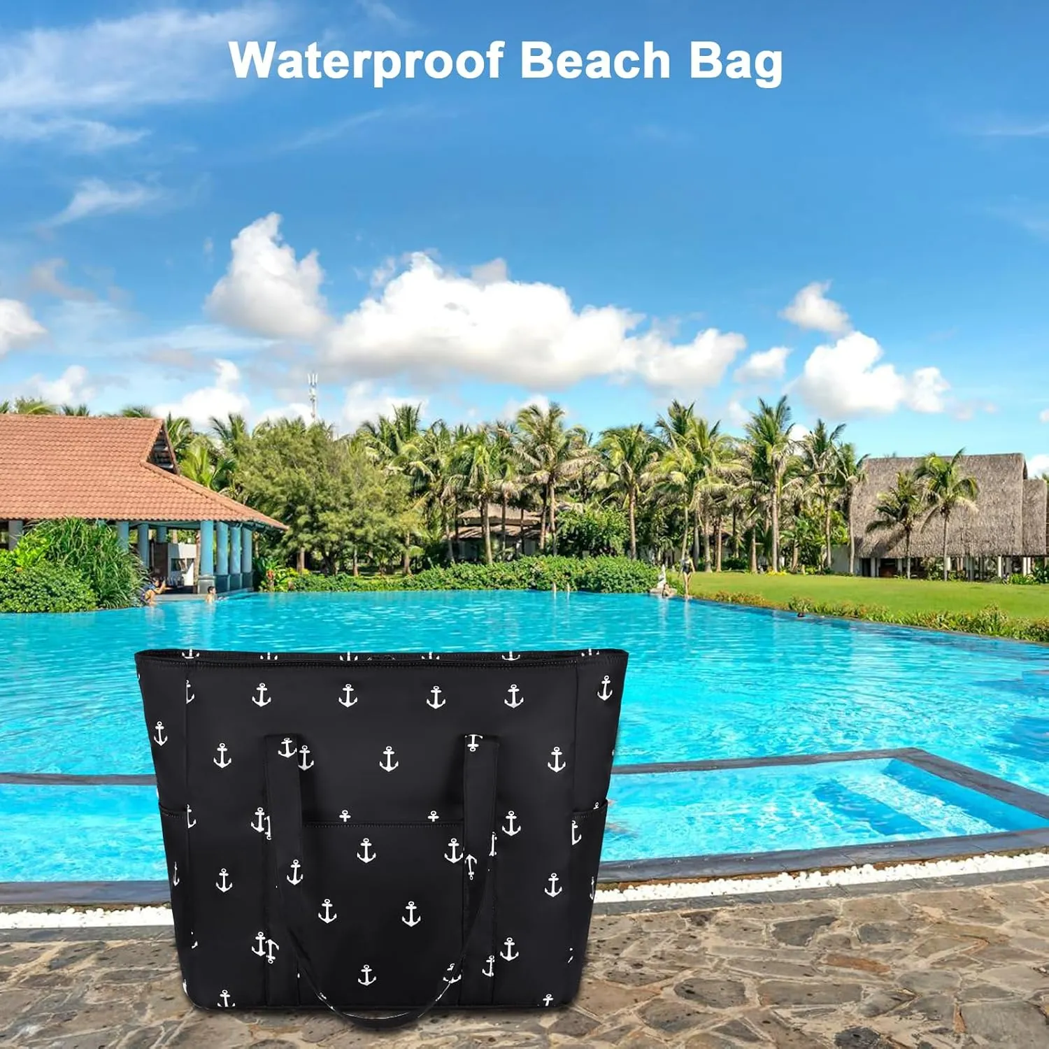Octsky Roomy Beach Bags for Women - Waterproof Sandproof Beach Tote with Dual Zipper and Wet Pocket - 3 Outside Pockets