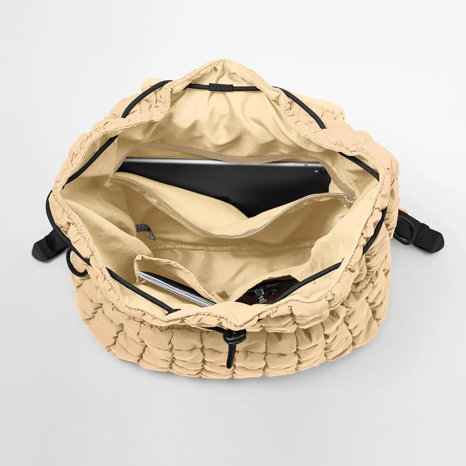 ODODOS Quilted Backpack 2.0 for Women Lightweight Puffer Hiker Pack Drawstring Padding Travel Gym Bag, Beige