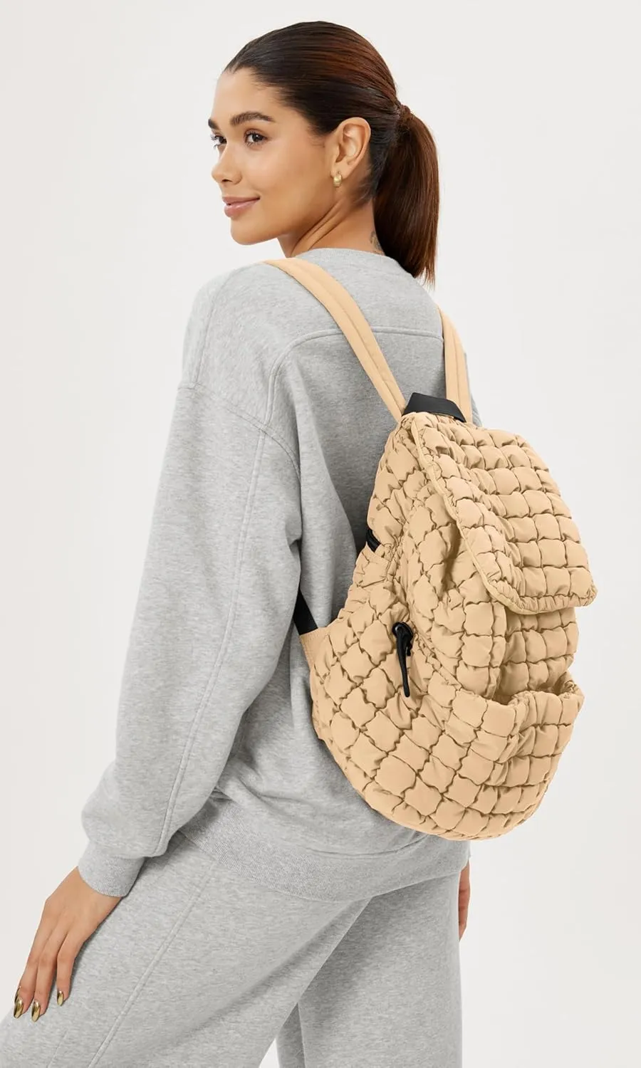 ODODOS Quilted Backpack 2.0 for Women Lightweight Puffer Hiker Pack Drawstring Padding Travel Gym Bag, Beige