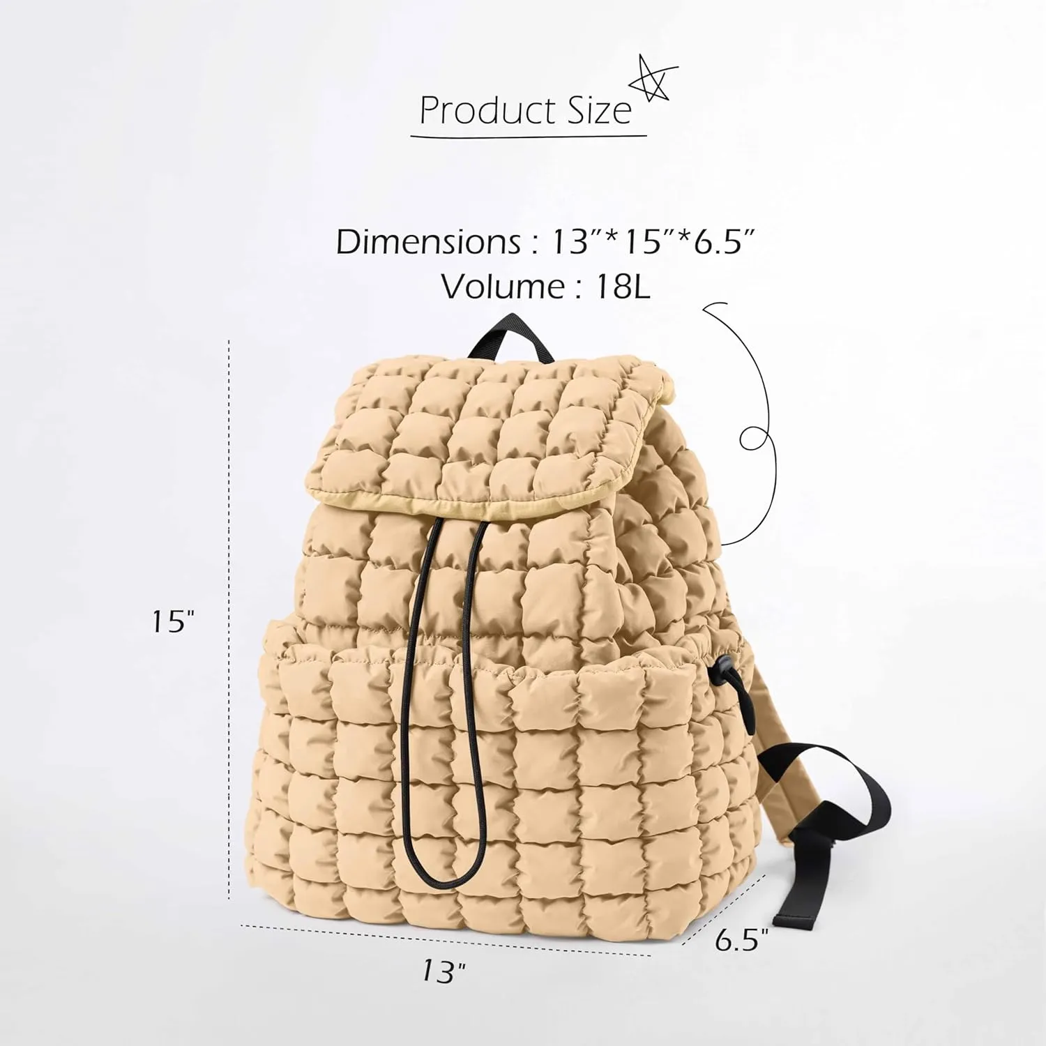 ODODOS Quilted Backpack 2.0 for Women Lightweight Puffer Hiker Pack Drawstring Padding Travel Gym Bag, Beige