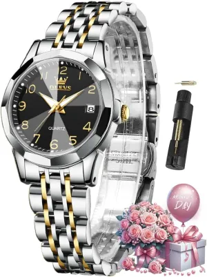 OLEVS Watches for Women Diamond with Date Luxury Leather Female Waterproof Women Wrist Watch Analog Dress Stainless Steel Ladies Watch Luminous Calendar Women Watch Green/Silver/Red Dial