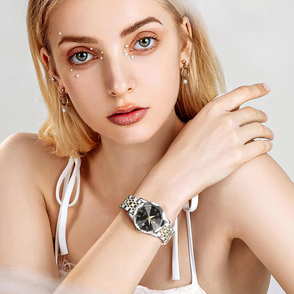 OLEVS Watches for Women Diamond with Date Luxury Leather Female Waterproof Women Wrist Watch Analog Dress Stainless Steel Ladies Watch Luminous Calendar Women Watch Green/Silver/Red Dial