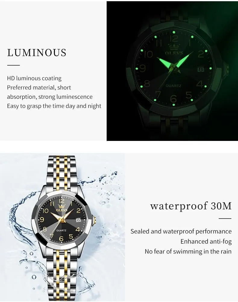 OLEVS Watches for Women Diamond with Date Luxury Leather Female Waterproof Women Wrist Watch Analog Dress Stainless Steel Ladies Watch Luminous Calendar Women Watch Green/Silver/Red Dial