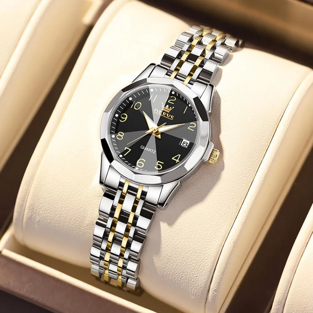 OLEVS Watches for Women Diamond with Date Luxury Leather Female Waterproof Women Wrist Watch Analog Dress Stainless Steel Ladies Watch Luminous Calendar Women Watch Green/Silver/Red Dial