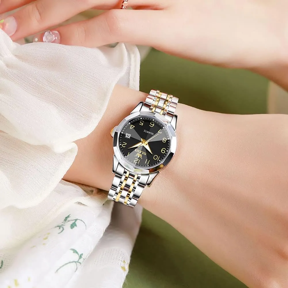 OLEVS Watches for Women Diamond with Date Luxury Leather Female Waterproof Women Wrist Watch Analog Dress Stainless Steel Ladies Watch Luminous Calendar Women Watch Green/Silver/Red Dial