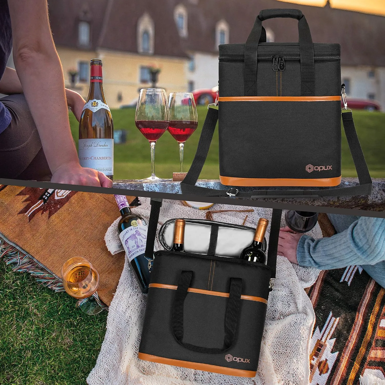 OPUX 3 Bottle Wine Carrier Tote, Insulated Leakproof Wine Cooler Bag, Wine Travel Bag Tote for Picnic BYOB Beach, Portable Wine Bottle Carrying Case, Gift for Wine Lover Women Men Christmas, Brown