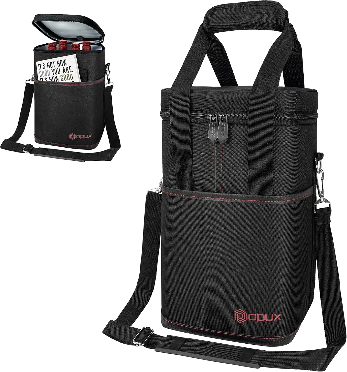 Opux 4 Bottle Insulated Wine Cooler Bag - Leakproof Padded Portable Wine Bottle Carrier for Travel Picnic BYOB Gift (Black)