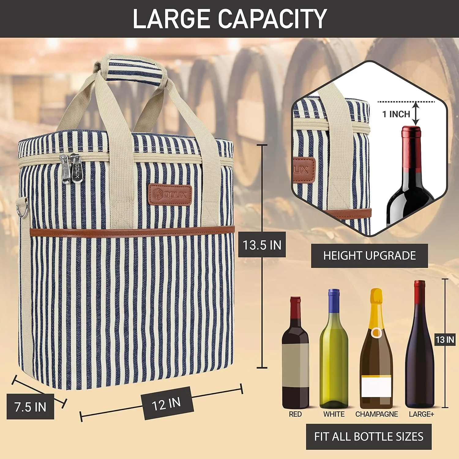 opux 6 Bottle Carrier Tote | Insulated Padded Wine Cooler Bag for Travel. Picnic, BYOB | Portable Leakproof Wine Tote Bag for Dinner, Party, Christmas, Wine Gift for Women, Men (Stripe Navy)