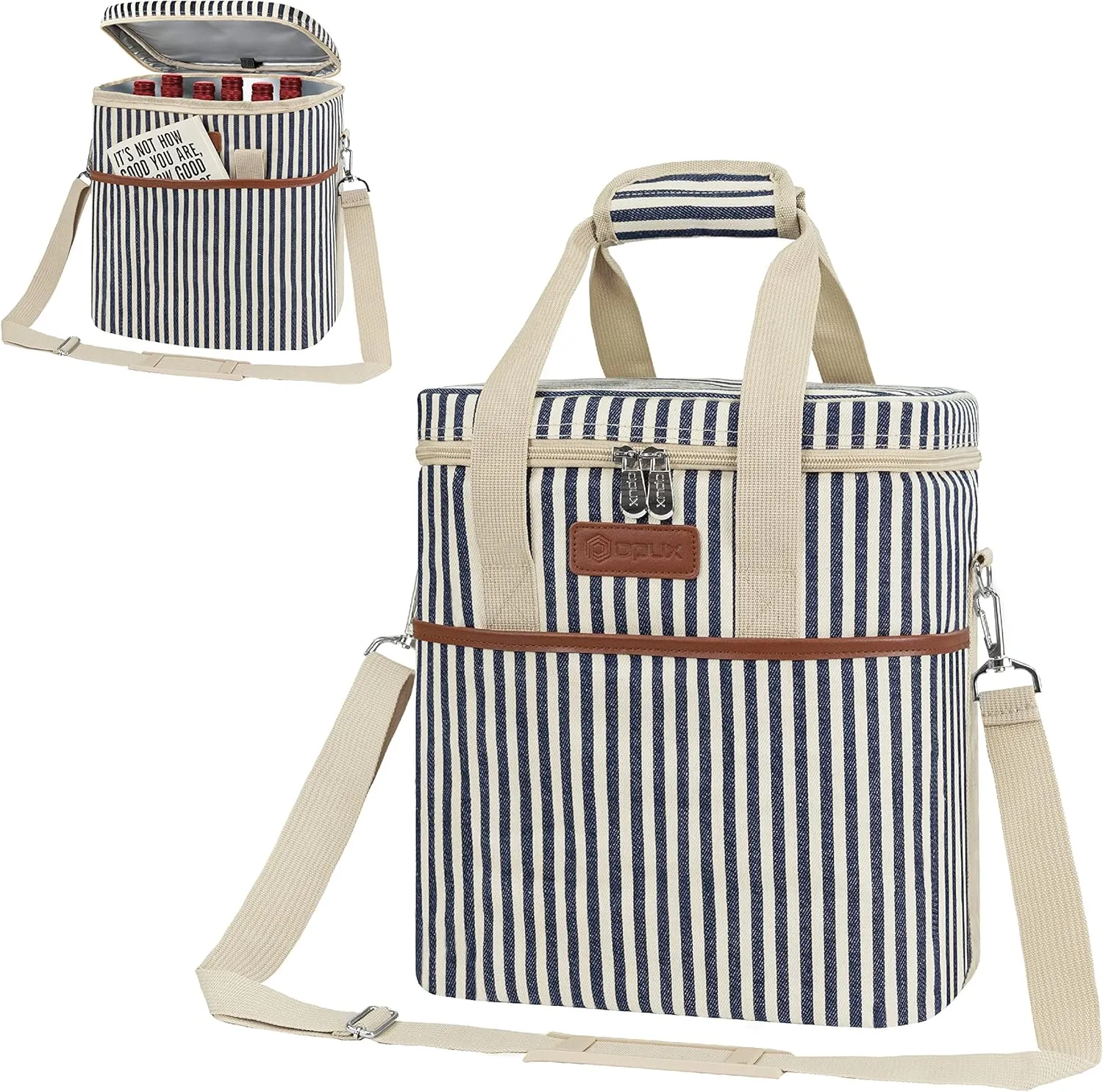 opux 6 Bottle Carrier Tote | Insulated Padded Wine Cooler Bag for Travel. Picnic, BYOB | Portable Leakproof Wine Tote Bag for Dinner, Party, Christmas, Wine Gift for Women, Men (Stripe Navy)