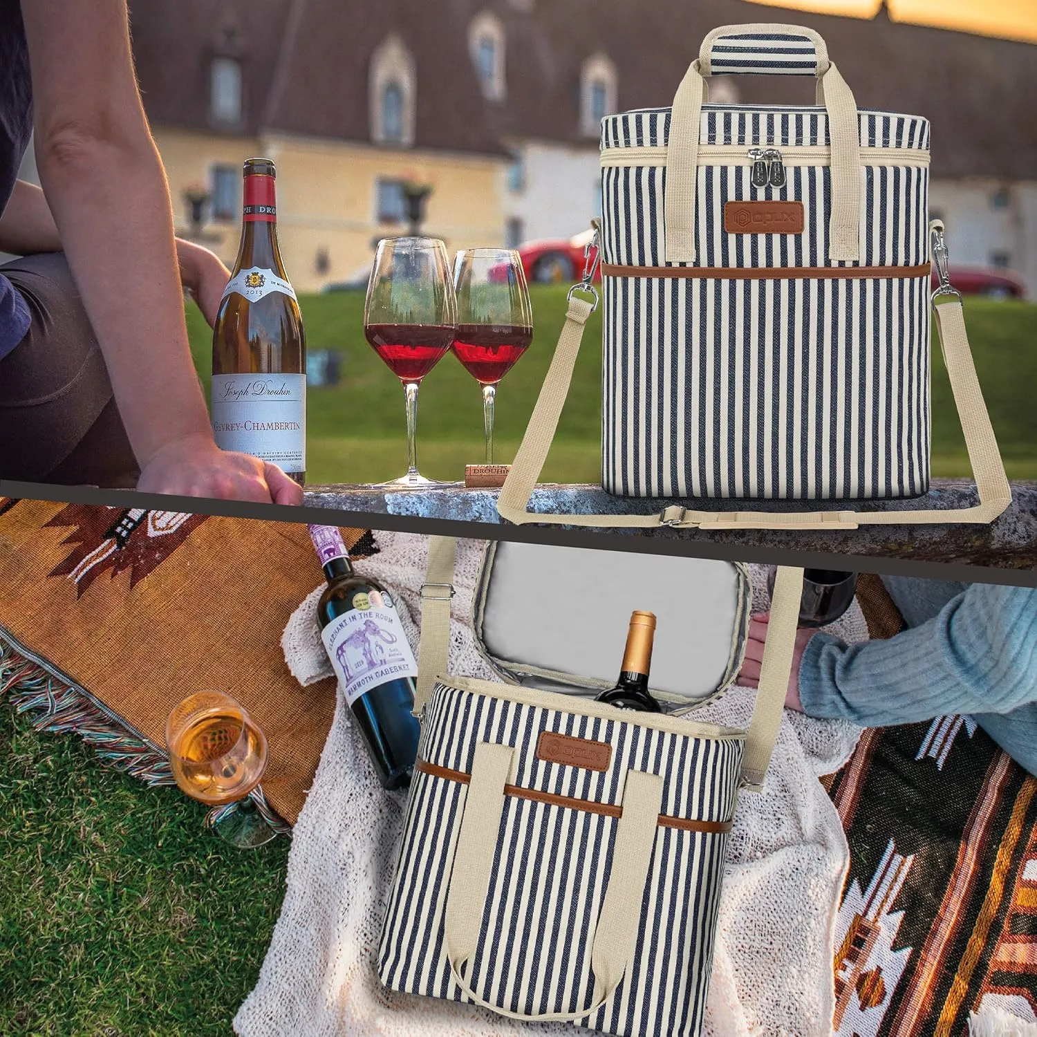 opux 6 Bottle Carrier Tote | Insulated Padded Wine Cooler Bag for Travel. Picnic, BYOB | Portable Leakproof Wine Tote Bag for Dinner, Party, Christmas, Wine Gift for Women, Men (Stripe Navy)