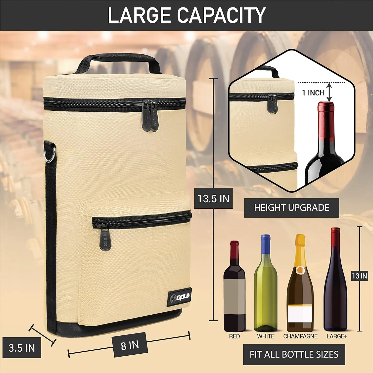 opux Wine Bag 2 Bottle Wine Tote Carrier, Insulated Wine Cooler Bag for Travel Picnic, Leakproof Portable Bottle Padded Case, Wine Gifts For Women Men Wine Lovers Christmas, Cream Beige