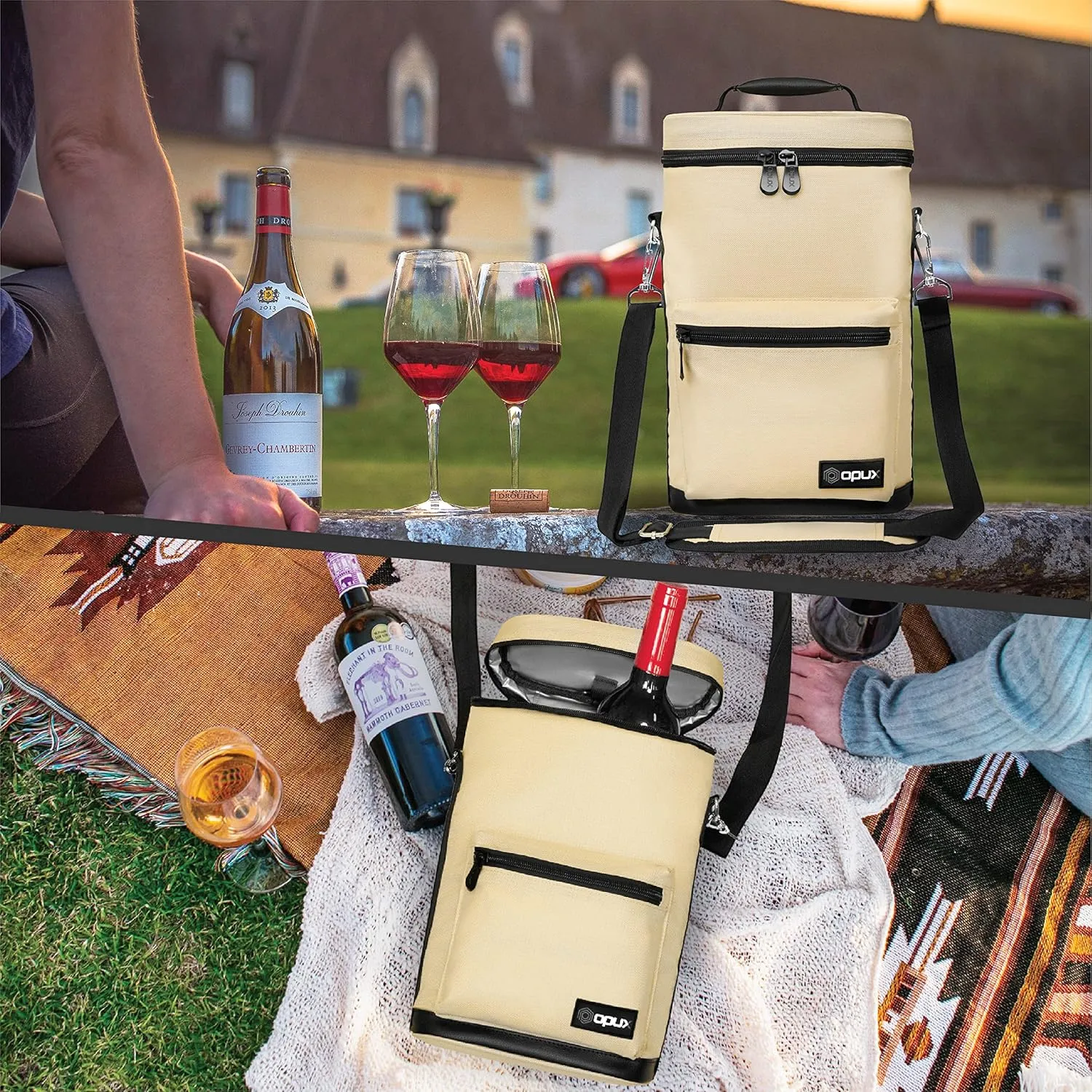 opux Wine Bag 2 Bottle Wine Tote Carrier, Insulated Wine Cooler Bag for Travel Picnic, Leakproof Portable Bottle Padded Case, Wine Gifts For Women Men Wine Lovers Christmas, Cream Beige