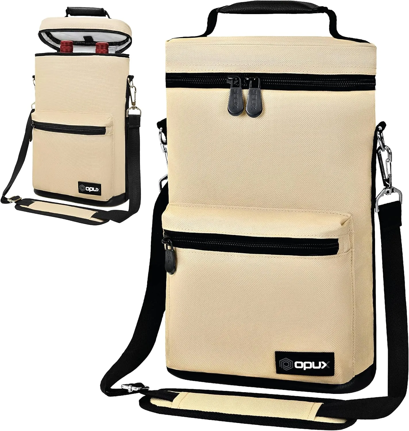 opux Wine Bag 2 Bottle Wine Tote Carrier, Insulated Wine Cooler Bag for Travel Picnic, Leakproof Portable Bottle Padded Case, Wine Gifts For Women Men Wine Lovers Christmas, Cream Beige