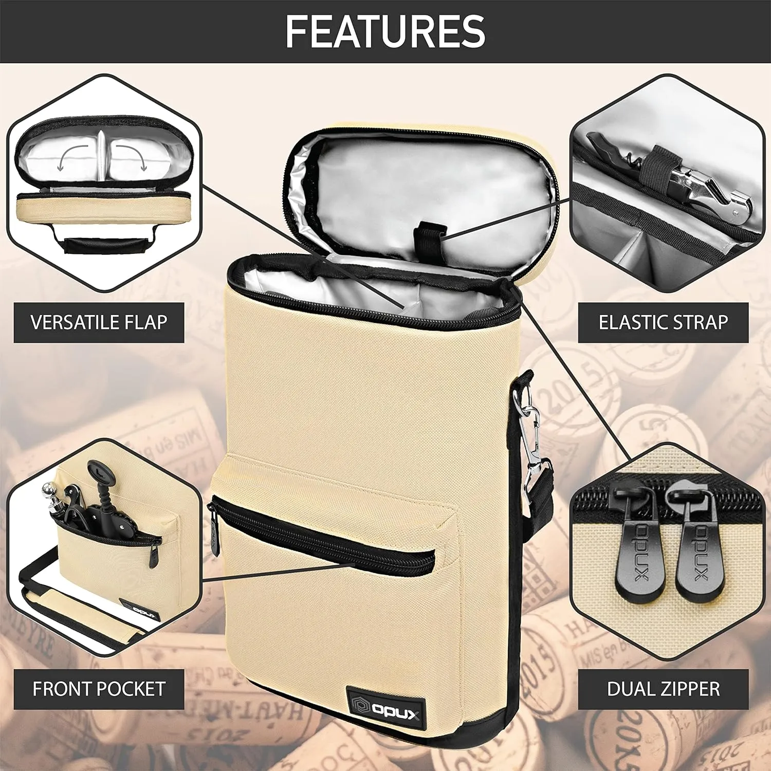 opux Wine Bag 2 Bottle Wine Tote Carrier, Insulated Wine Cooler Bag for Travel Picnic, Leakproof Portable Bottle Padded Case, Wine Gifts For Women Men Wine Lovers Christmas, Cream Beige