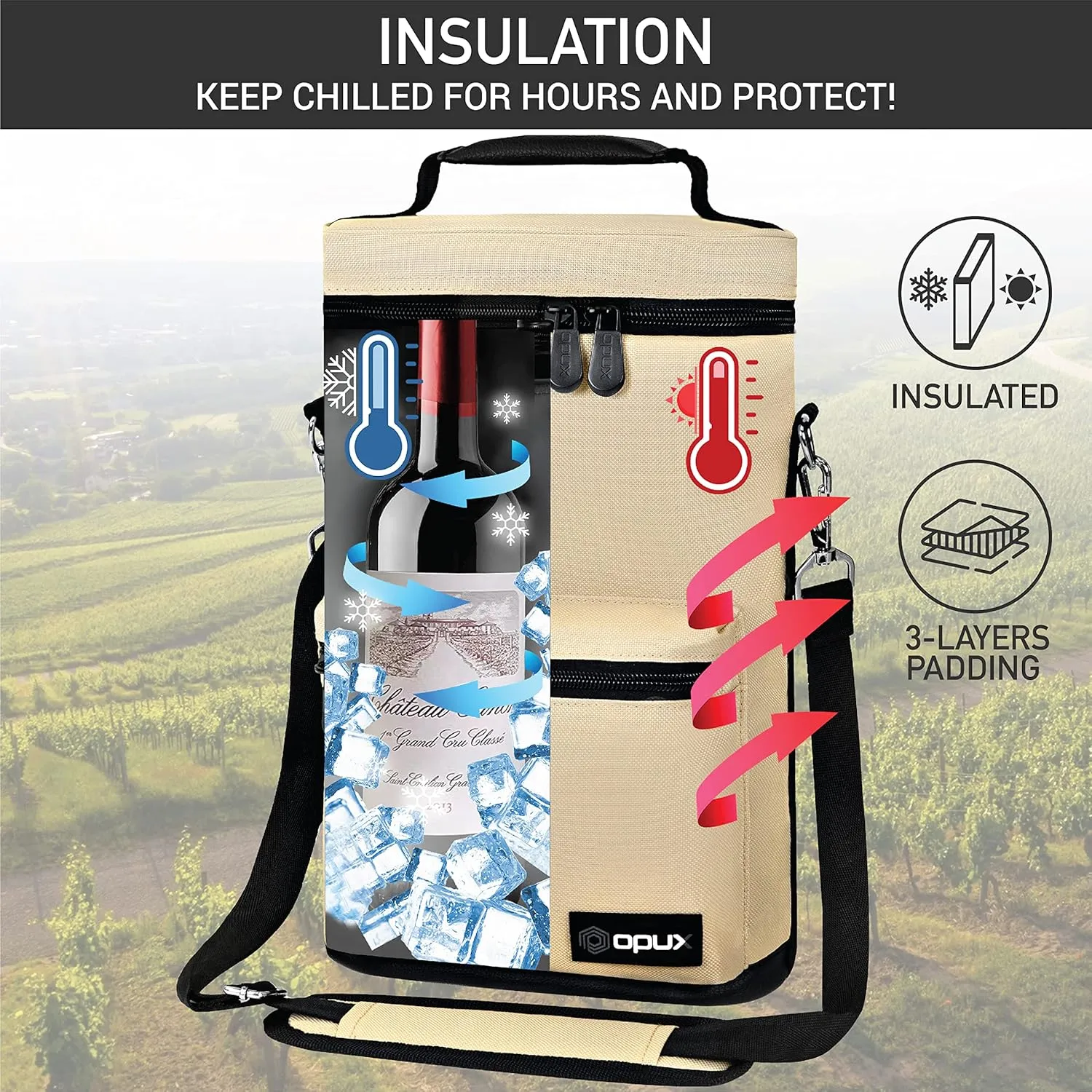 opux Wine Bag 2 Bottle Wine Tote Carrier, Insulated Wine Cooler Bag for Travel Picnic, Leakproof Portable Bottle Padded Case, Wine Gifts For Women Men Wine Lovers Christmas, Cream Beige