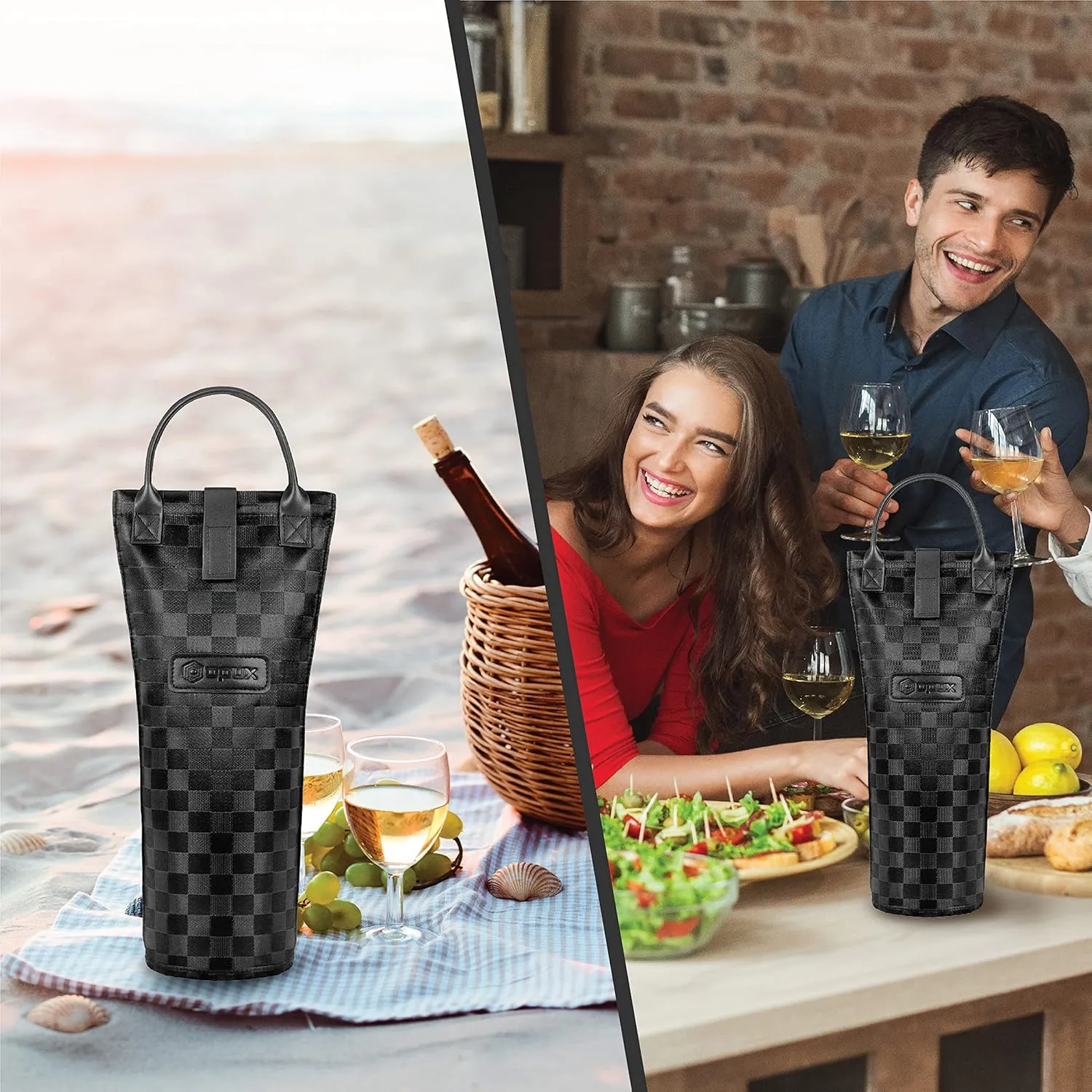 opux Wine Bag Single Bottle Carrier Tote, Insulated Travel Wine Cooler Bag for Picnic Beach Gift, Thermal Padded Portable One Bottle Holder Carrying Case for Women Men Wine Lovers, Black Square