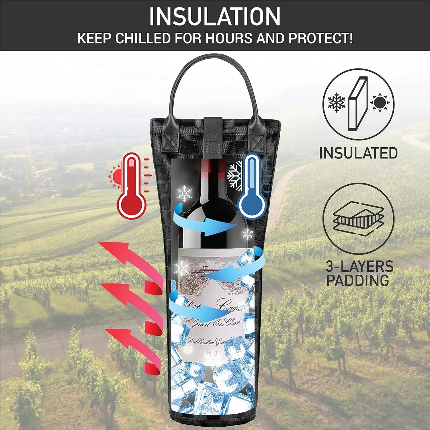 opux Wine Bag Single Bottle Carrier Tote, Insulated Travel Wine Cooler Bag for Picnic Beach Gift, Thermal Padded Portable One Bottle Holder Carrying Case for Women Men Wine Lovers, Black Square