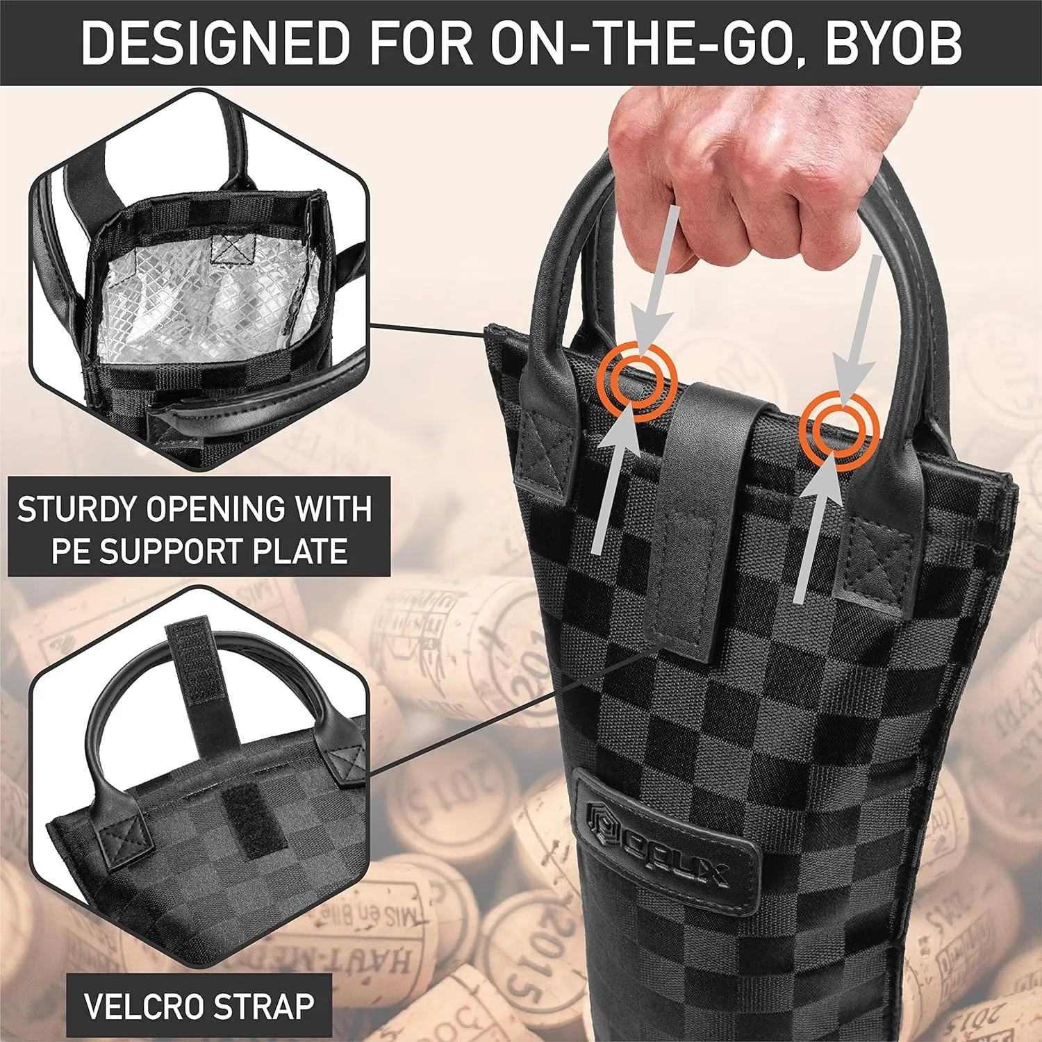 opux Wine Bag Single Bottle Carrier Tote, Insulated Travel Wine Cooler Bag for Picnic Beach Gift, Thermal Padded Portable One Bottle Holder Carrying Case for Women Men Wine Lovers, Black Square