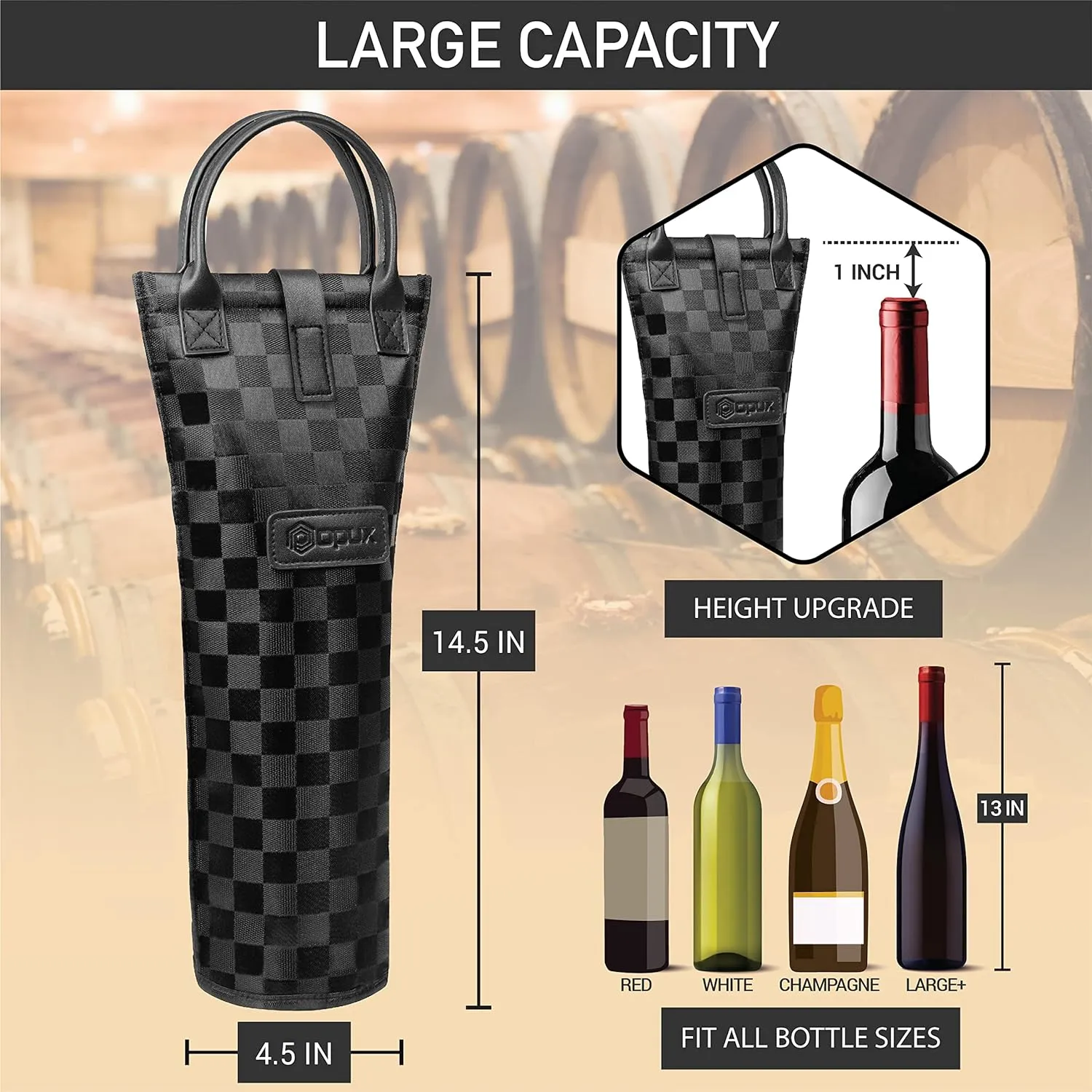 opux Wine Bag Single Bottle Carrier Tote, Insulated Travel Wine Cooler Bag for Picnic Beach Gift, Thermal Padded Portable One Bottle Holder Carrying Case for Women Men Wine Lovers, Black Square