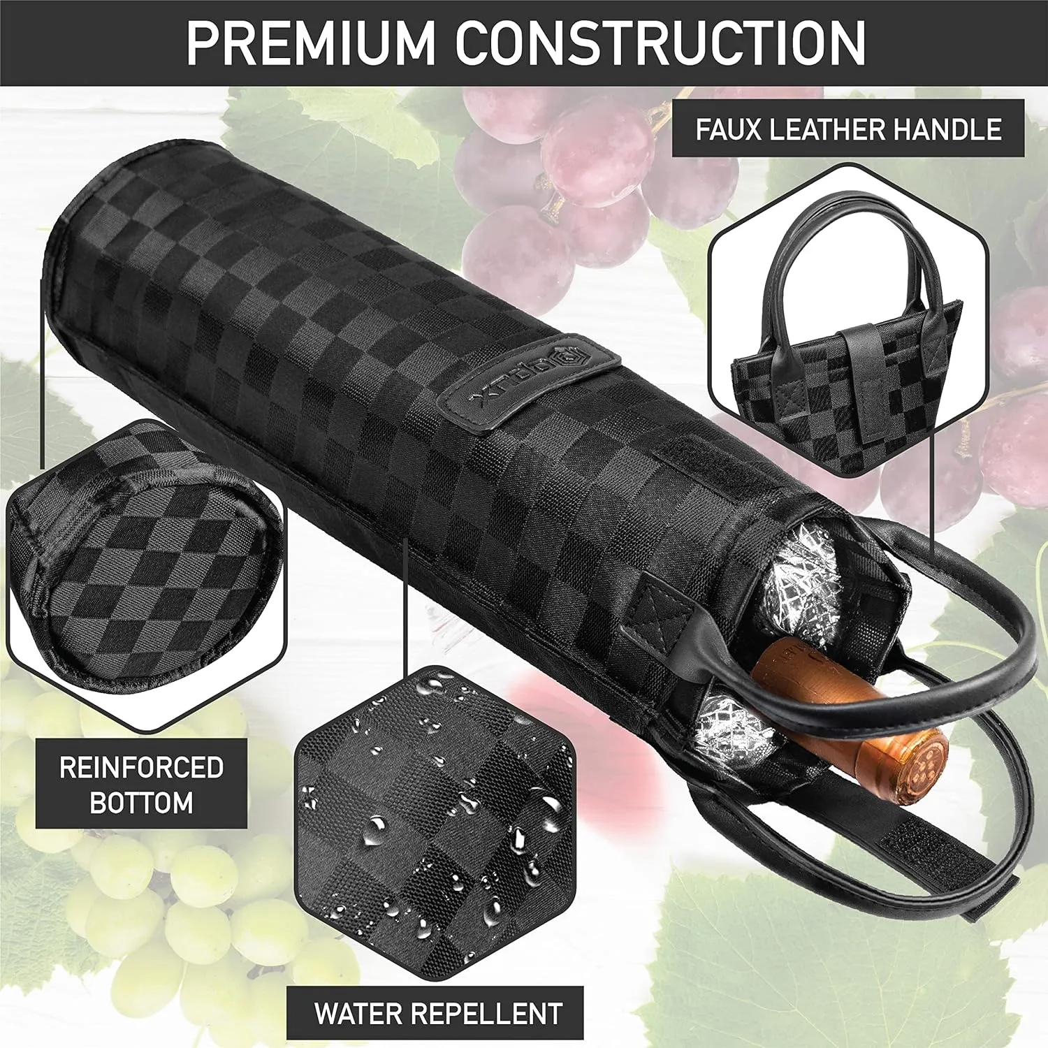 opux Wine Bag Single Bottle Carrier Tote, Insulated Travel Wine Cooler Bag for Picnic Beach Gift, Thermal Padded Portable One Bottle Holder Carrying Case for Women Men Wine Lovers, Black Square