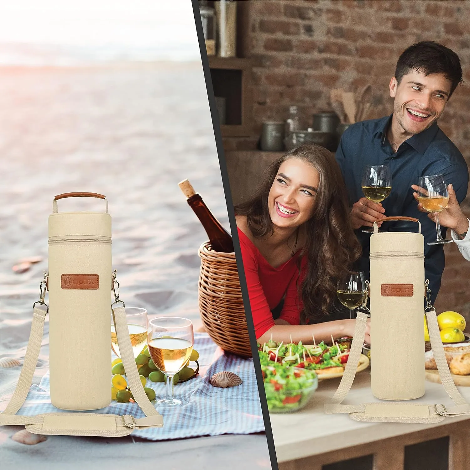 OPUX Wine Bag Single Bottle Carrier Tote, Insulated Wine Cooler Bag for Travel Picnic Beach with Shoulder Strap, Thermal One Bottle Holder Carrying Case Wine Gift for Women Men, Beige Cream