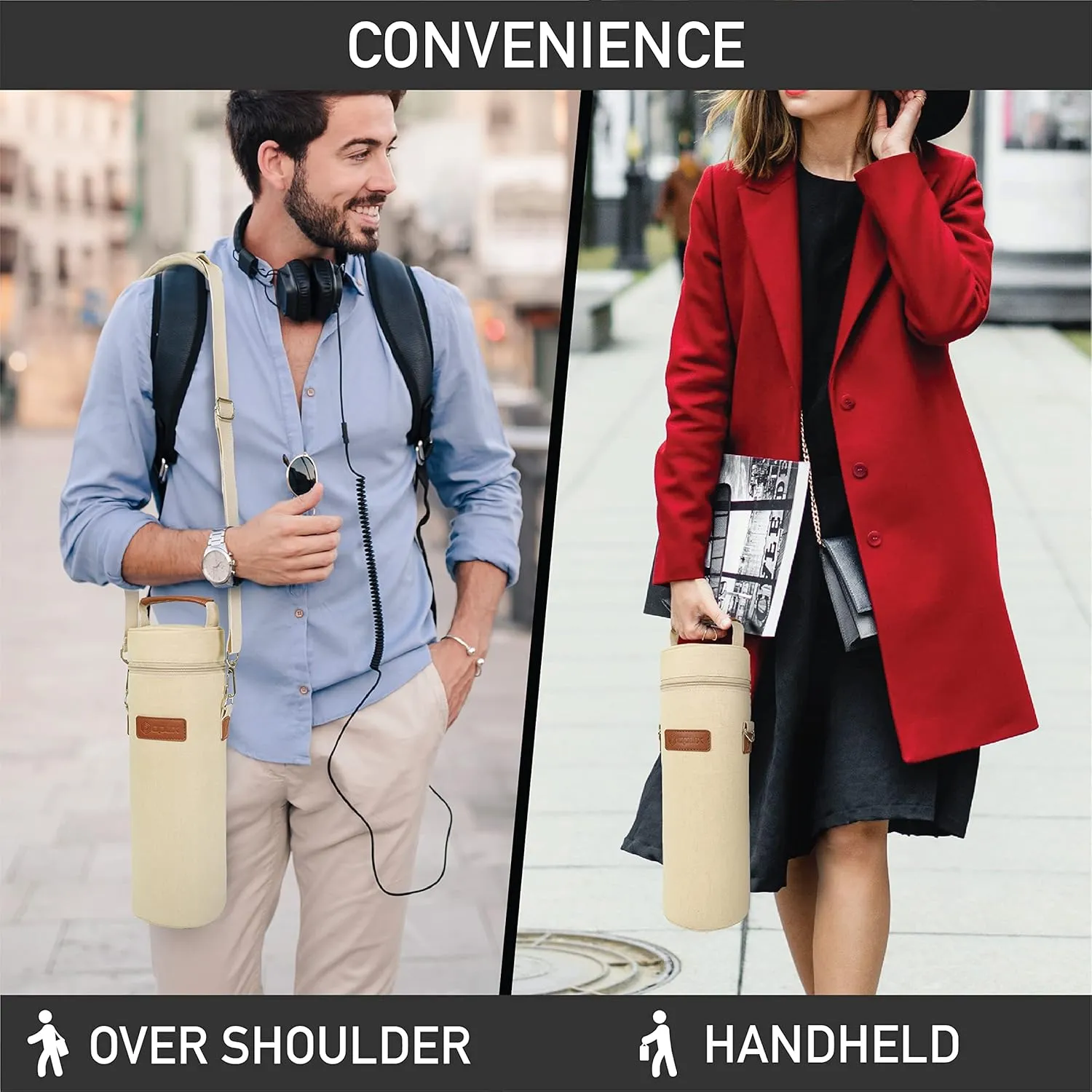 OPUX Wine Bag Single Bottle Carrier Tote, Insulated Wine Cooler Bag for Travel Picnic Beach with Shoulder Strap, Thermal One Bottle Holder Carrying Case Wine Gift for Women Men, Beige Cream