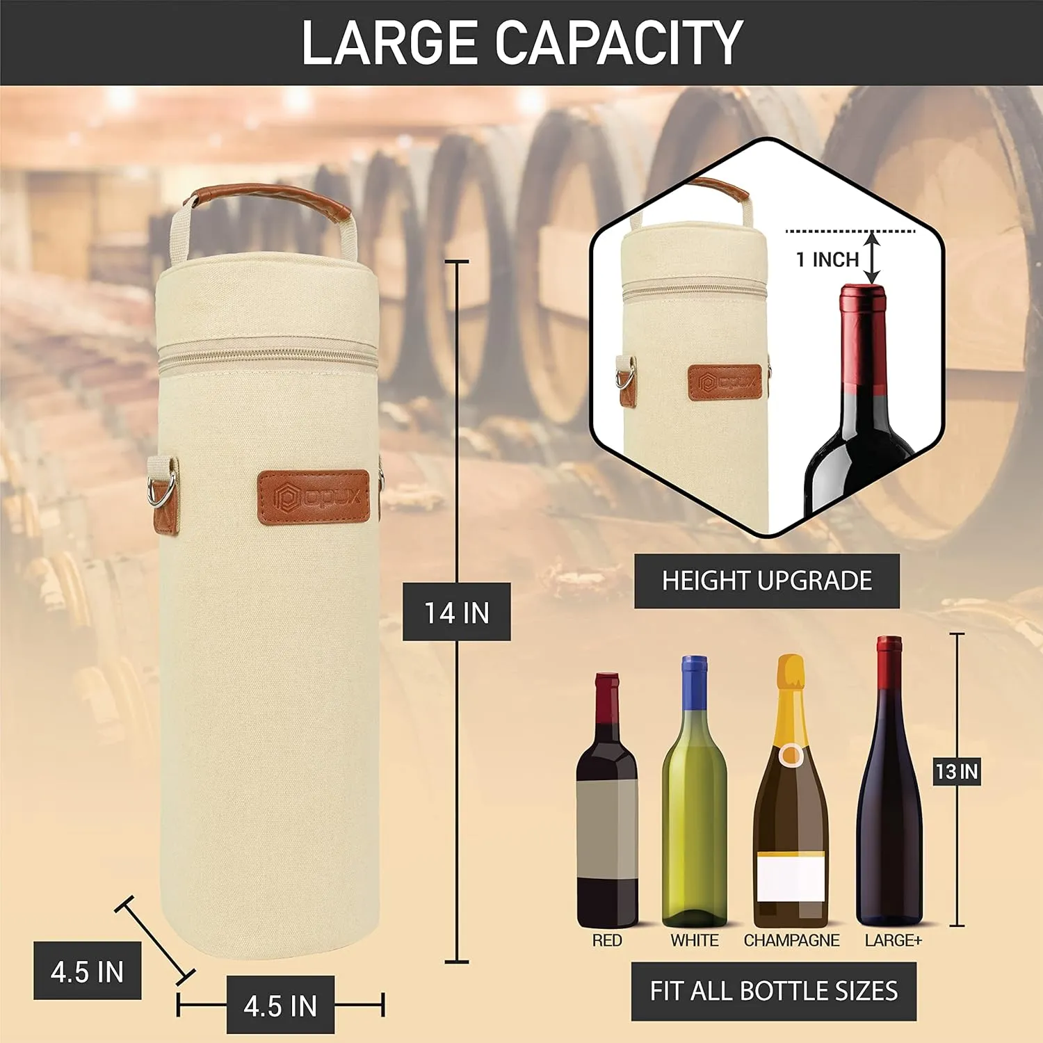 OPUX Wine Bag Single Bottle Carrier Tote, Insulated Wine Cooler Bag for Travel Picnic Beach with Shoulder Strap, Thermal One Bottle Holder Carrying Case Wine Gift for Women Men, Beige Cream