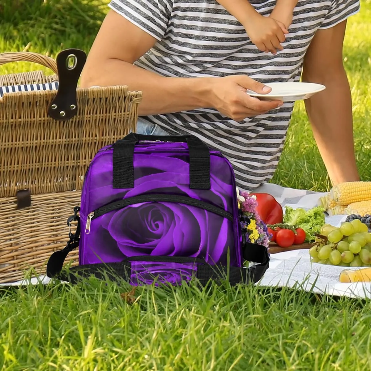 OSAM SPACE Insulated Lunch Bag, Purple Rose Reusable Large Lunch Tote Handbag Lunch Box Meal Prep Thermal Cooler Bag with Shoulder Strap for Women Men Office Picnic