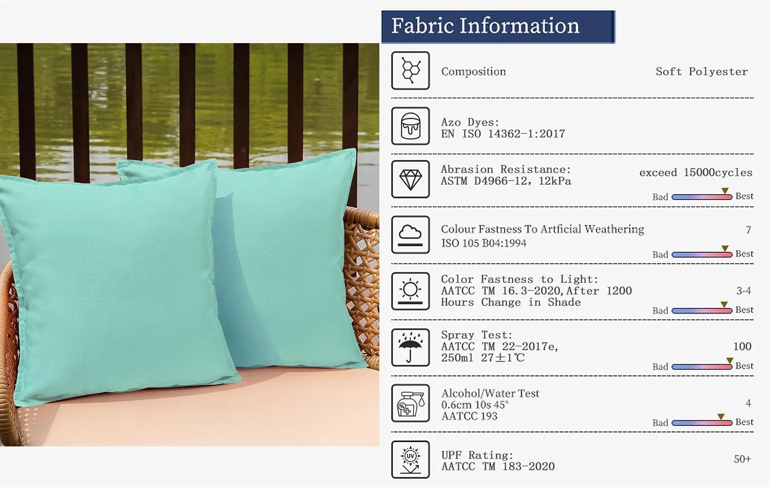 Outdoor Waterproof Pillow Covers 18x18 Set of 2 Sunbrella Decorative Square Solid Couch Pillow Covers with Wide Edge for Patio Tent Sofa Bed Living Room, Aqua