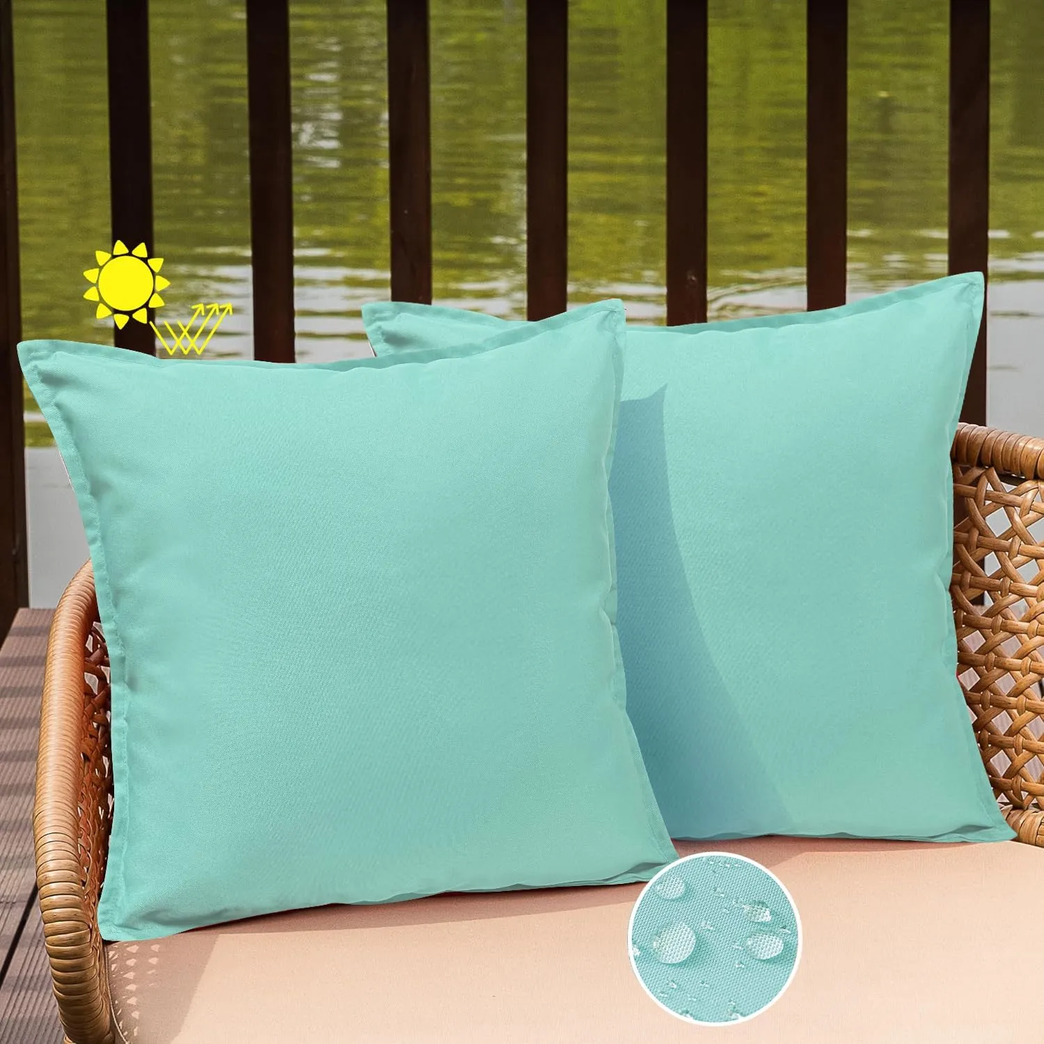 Outdoor Waterproof Pillow Covers 18x18 Set of 2 Sunbrella Decorative Square Solid Couch Pillow Covers with Wide Edge for Patio Tent Sofa Bed Living Room, Aqua