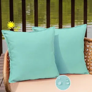Outdoor Waterproof Pillow Covers 18x18 Set of 2 Sunbrella Decorative Square Solid Couch Pillow Covers with Wide Edge for Patio Tent Sofa Bed Living Room, Aqua