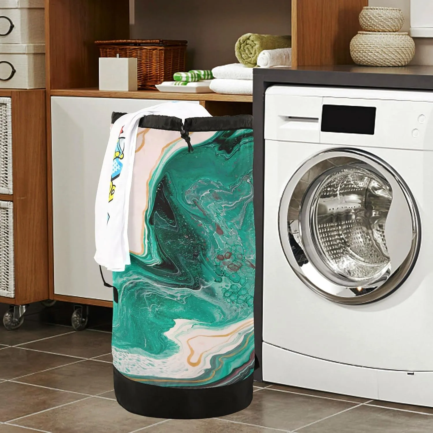 Oyihfvs Green Beige Paint Luxury Marble Agate Ripples Abstract Marine Art Backpack Laundry Bag, Laundry Backpack with Shoulder Straps, Waterproof Nylon Clothes Hamper Bag for Men Women Yoga Backpack