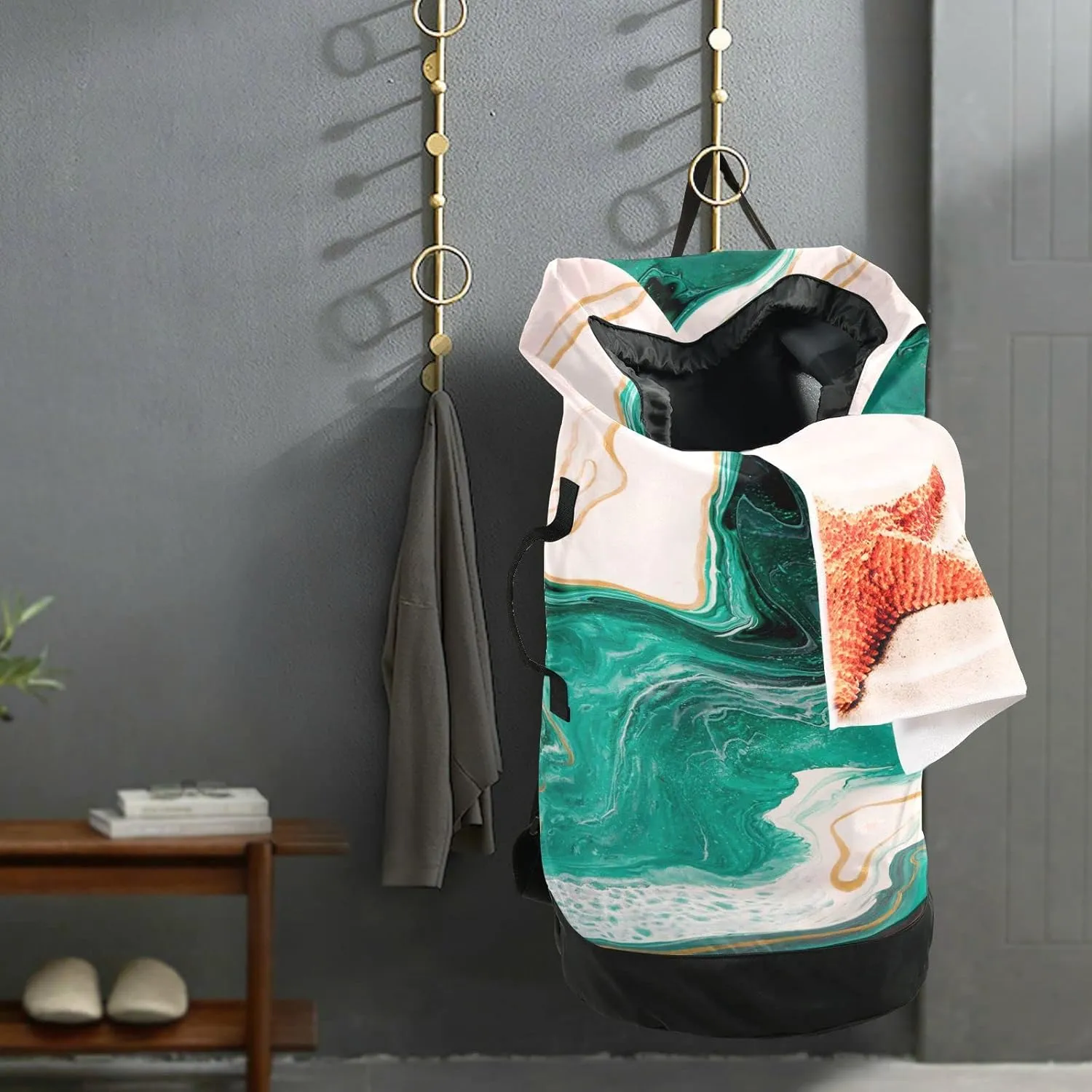 Oyihfvs Green Beige Paint Luxury Marble Agate Ripples Abstract Marine Art Backpack Laundry Bag, Laundry Backpack with Shoulder Straps, Waterproof Nylon Clothes Hamper Bag for Men Women Yoga Backpack