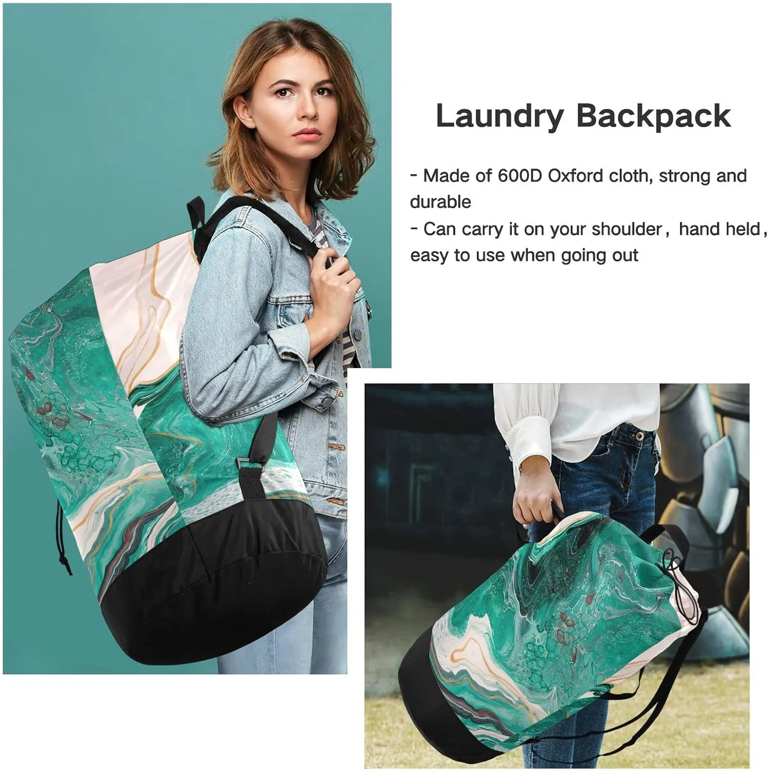 Oyihfvs Green Beige Paint Luxury Marble Agate Ripples Abstract Marine Art Backpack Laundry Bag, Laundry Backpack with Shoulder Straps, Waterproof Nylon Clothes Hamper Bag for Men Women Yoga Backpack