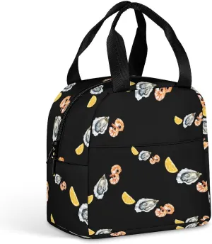 Oyster Shrimp Lemon Seafood Printed Insulated Meal Tote Bag Prep Lunch Box Container Portable Handbags for Work Picnic
