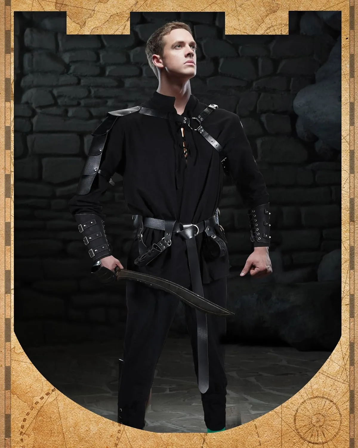 Panitay 8 Pcs Halloween Men's Renaissance Costume Set Medieval Viking Shirt Pant Belt Cape Bracer Sword Bag