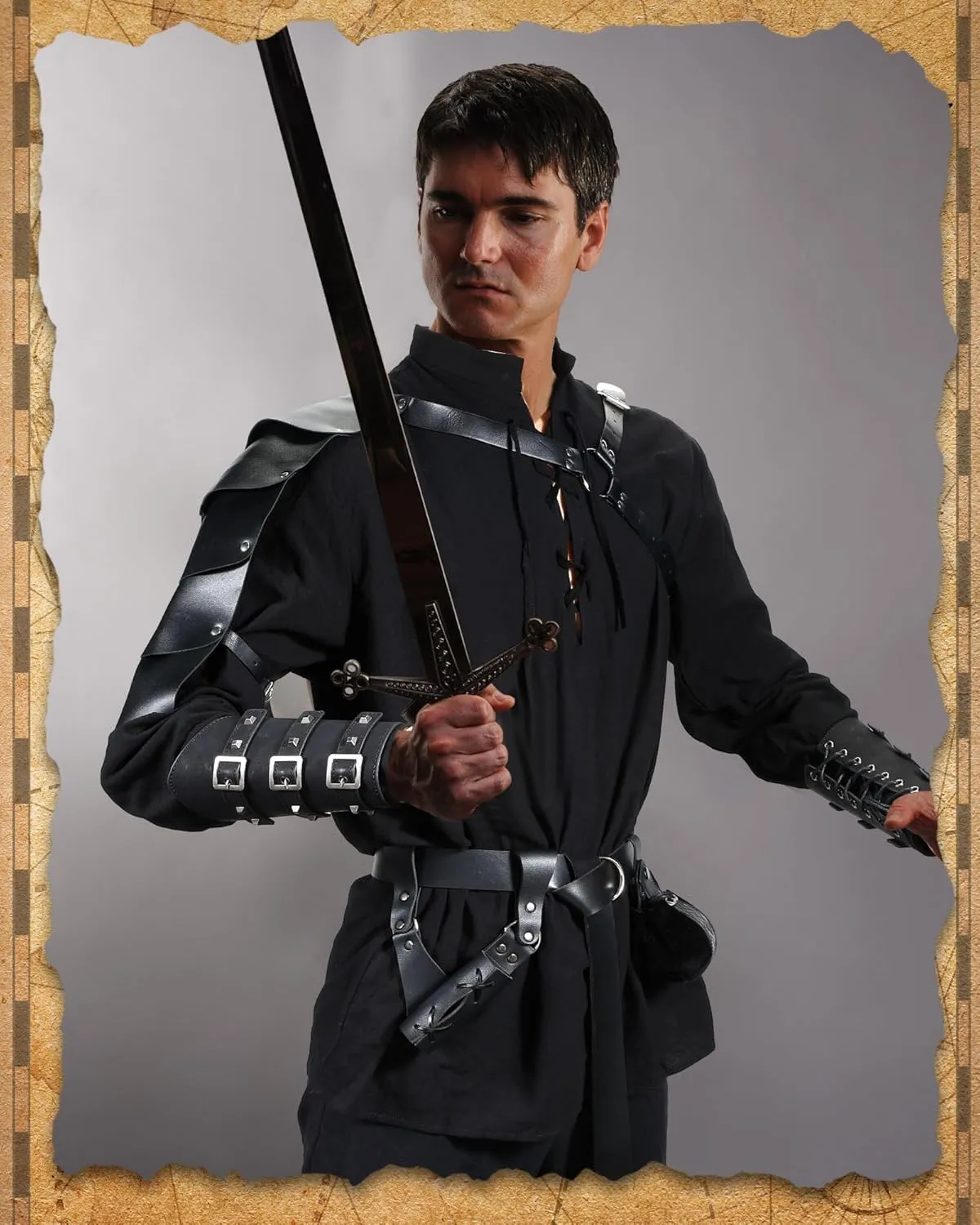 Panitay 8 Pcs Halloween Men's Renaissance Costume Set Medieval Viking Shirt Pant Belt Cape Bracer Sword Bag