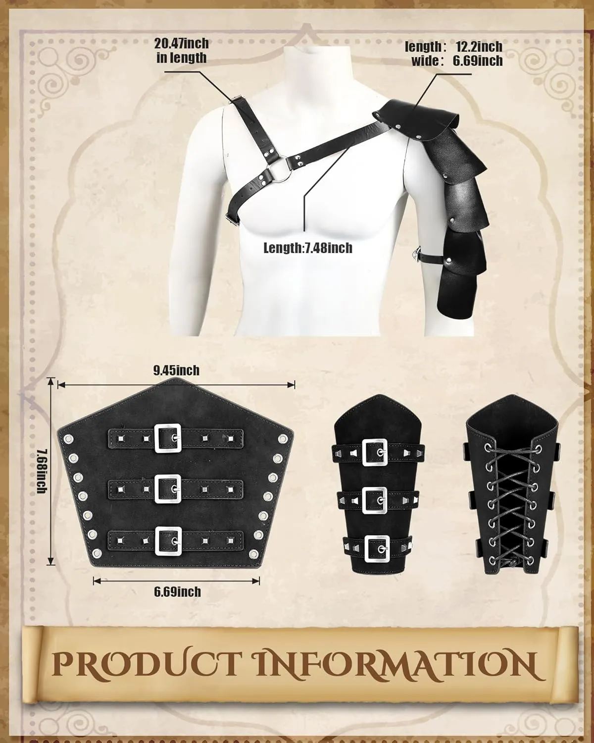 Panitay 8 Pcs Halloween Men's Renaissance Costume Set Medieval Viking Shirt Pant Belt Cape Bracer Sword Bag