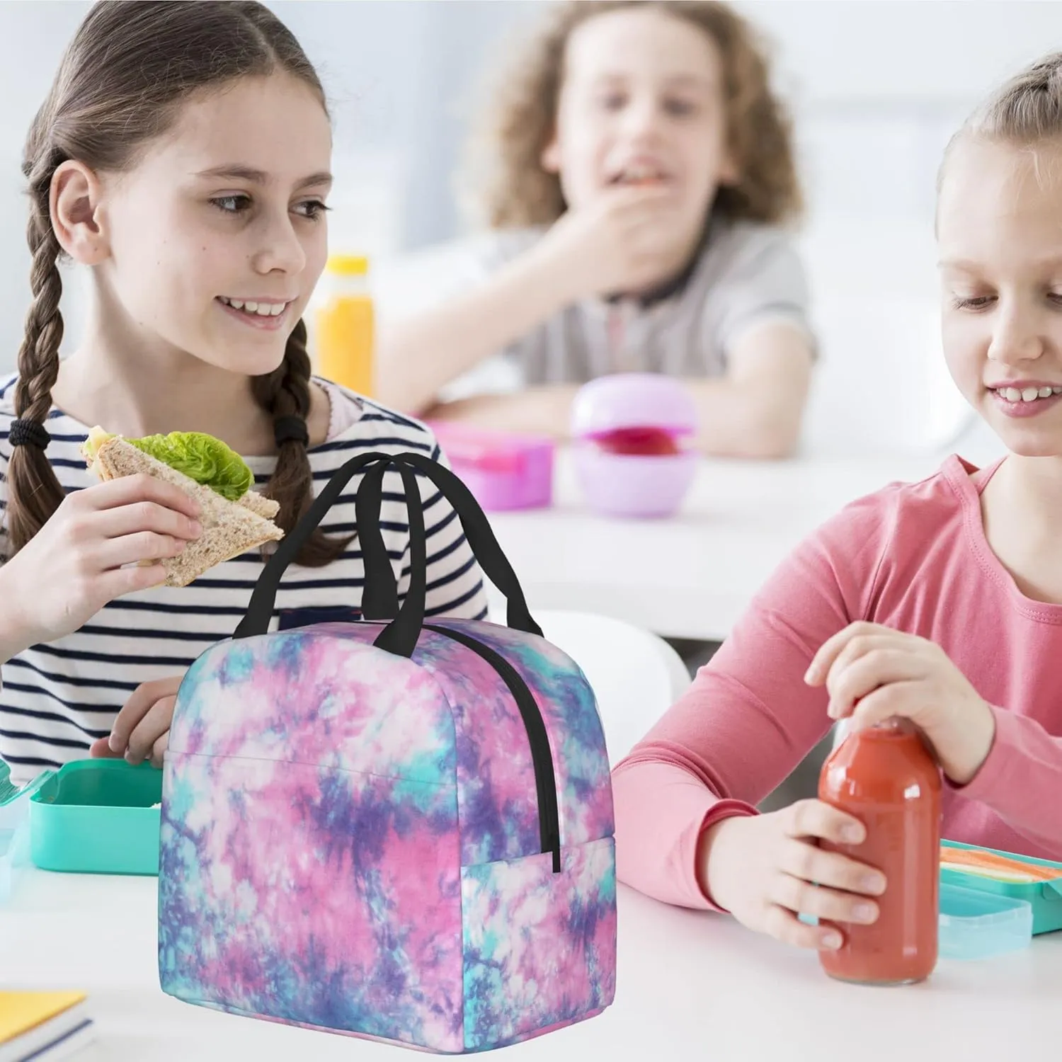 Pastel Blue Pink Tie Dye Lunch Box Insulated Meal Bag Lunch Bag Reusable Snack Bag Food Container For Boys Girls Men Women School Work Travel Picnic