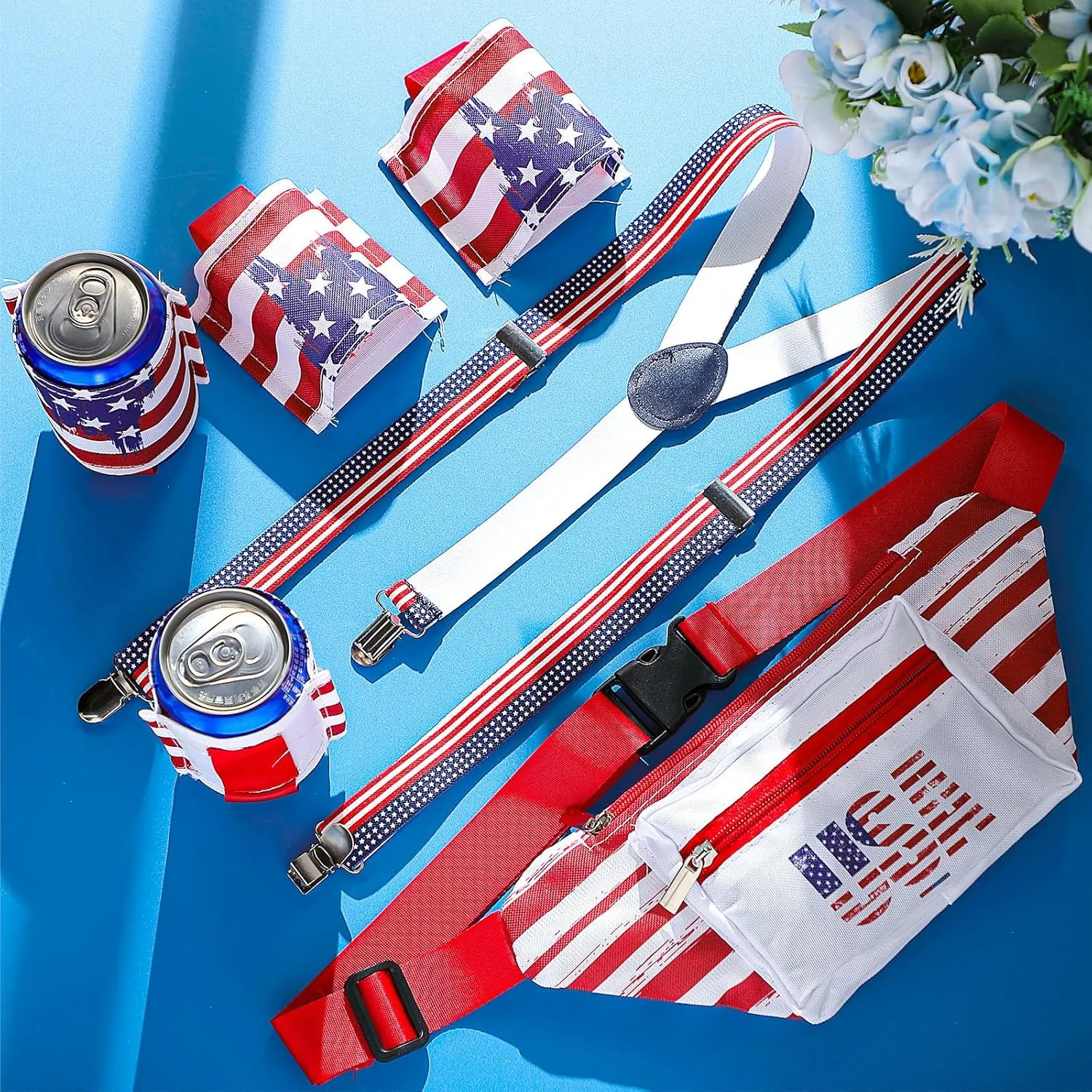Patriotic Fanny Packs 4th of July Beverage Beer Belt Set USA Fanny Pack Bag with Suspenders Drink Holder for National Day(Classic)