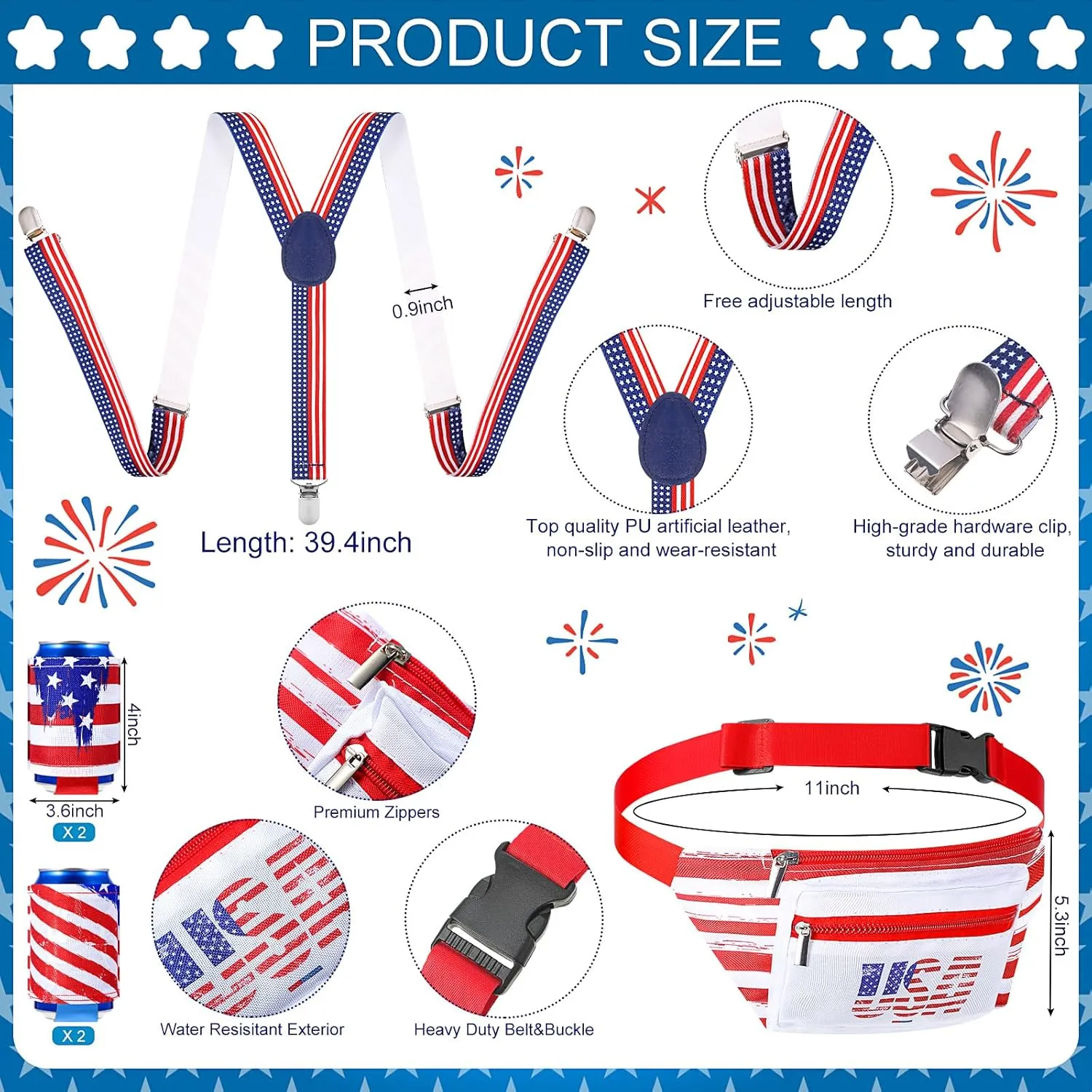 Patriotic Fanny Packs 4th of July Beverage Beer Belt Set USA Fanny Pack Bag with Suspenders Drink Holder for National Day(Classic)