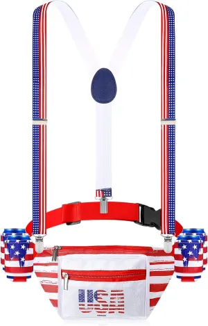 Patriotic Fanny Packs 4th of July Beverage Beer Belt Set USA Fanny Pack Bag with Suspenders Drink Holder for National Day(Classic)