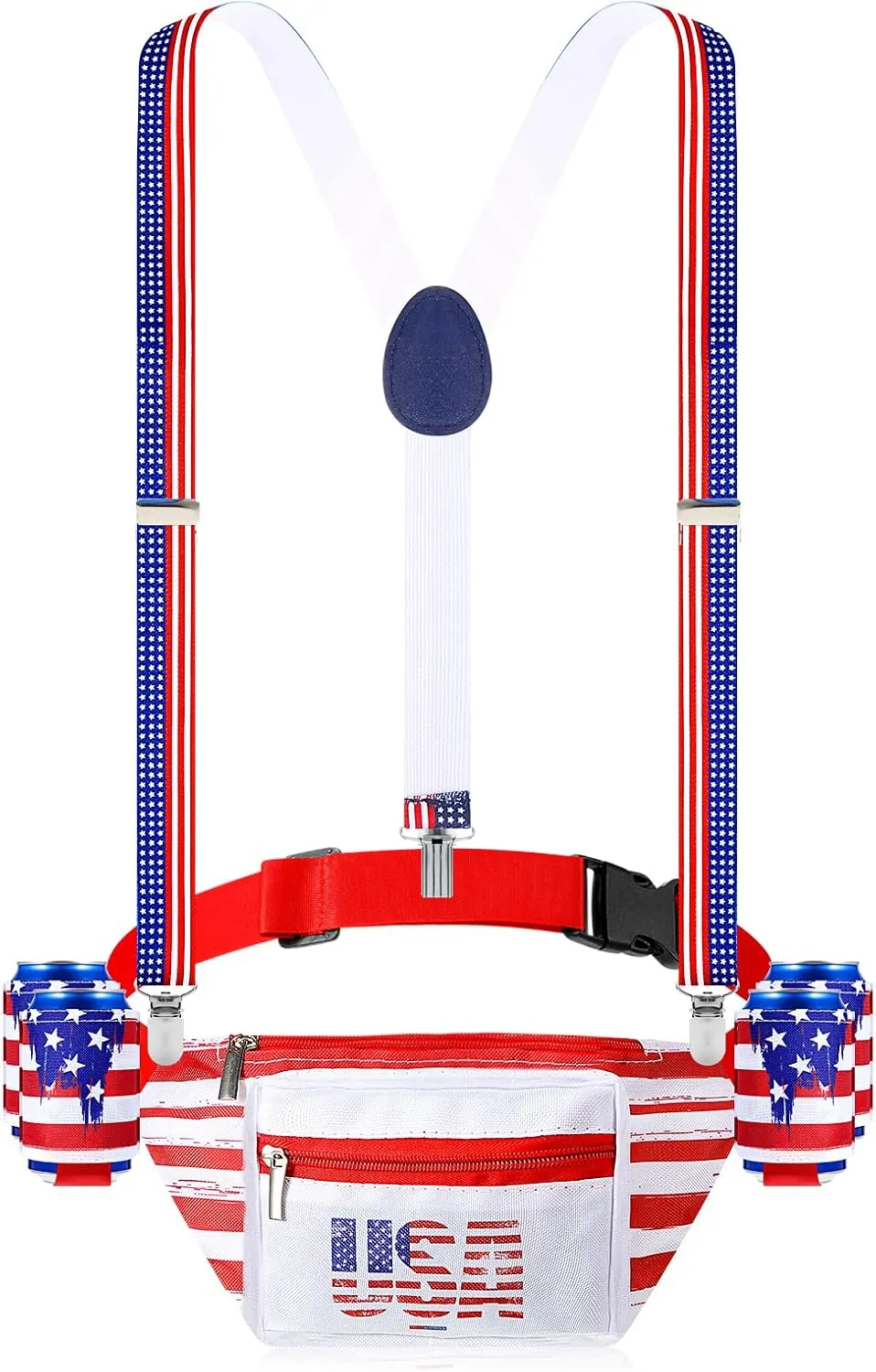 Patriotic Fanny Packs 4th of July Beverage Beer Belt Set USA Fanny Pack Bag with Suspenders Drink Holder for National Day(Classic)