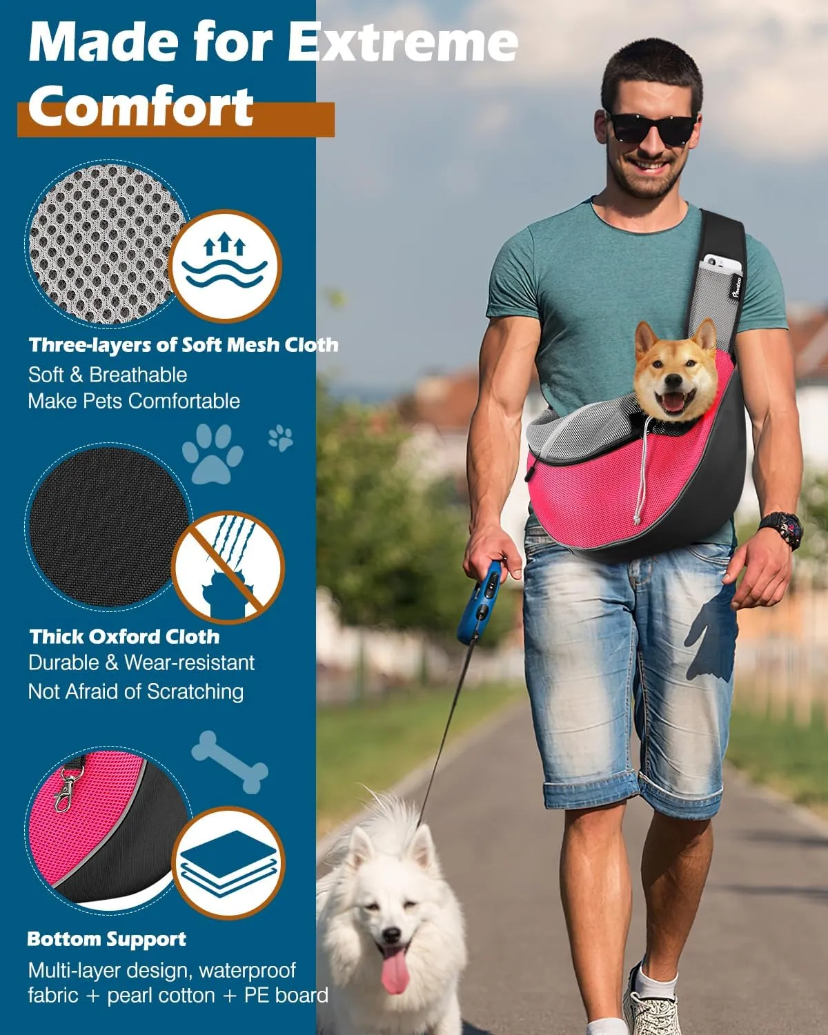 Pawaboo Dog Sling Carrier, Dog Papoose with Zipper Touch Pocket, Hand Free Breathable Mesh Puppy Carrier, Crossbody Satchel Dog Purse with Adjustable Strap for Outdoor Travel, Pink, Small