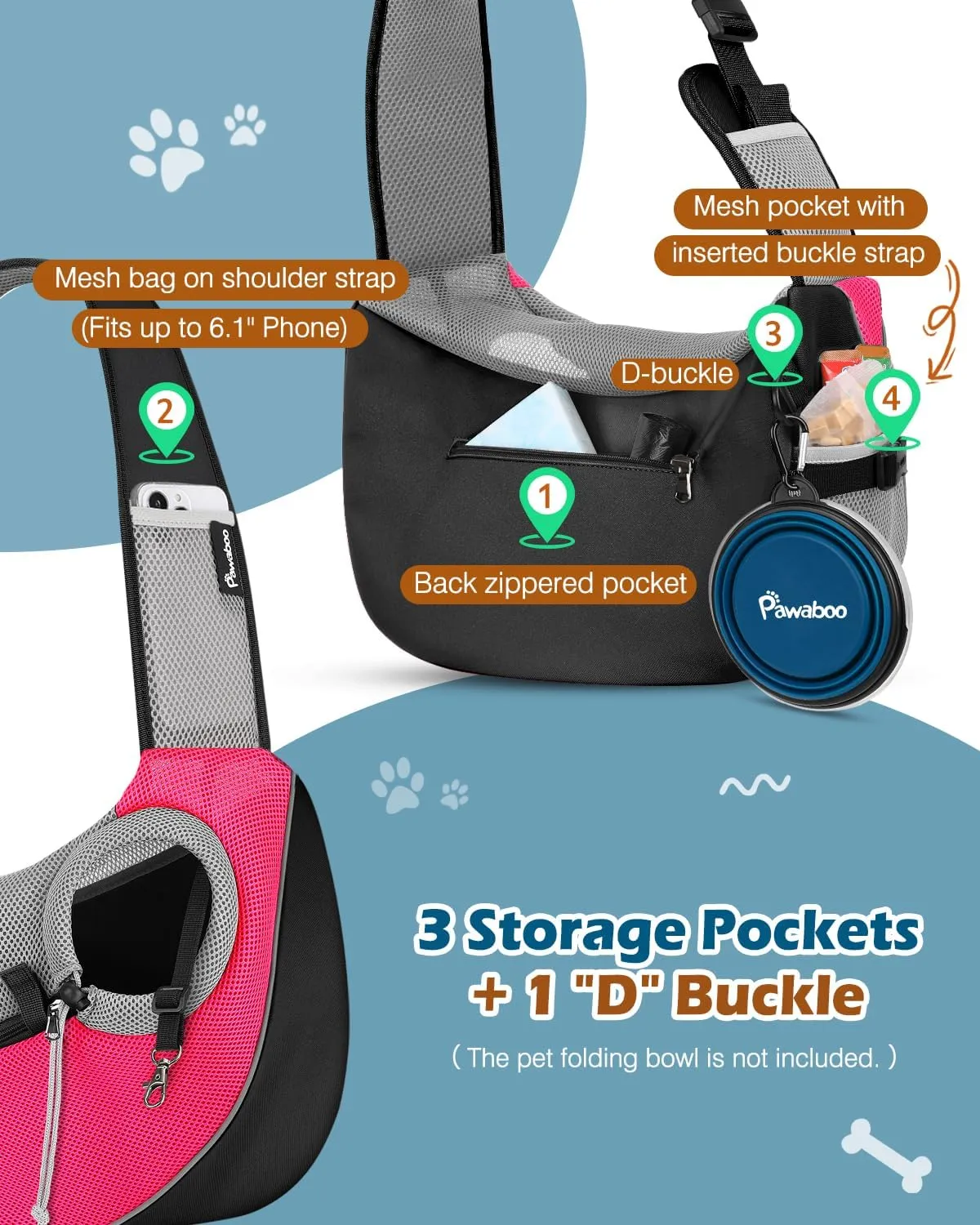 Pawaboo Dog Sling Carrier, Dog Papoose with Zipper Touch Pocket, Hand Free Breathable Mesh Puppy Carrier, Crossbody Satchel Dog Purse with Adjustable Strap for Outdoor Travel, Pink, Small
