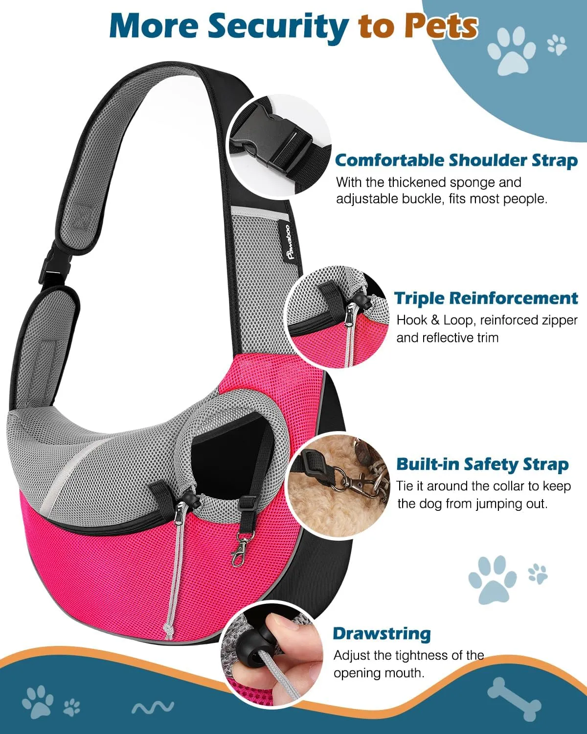 Pawaboo Dog Sling Carrier, Dog Papoose with Zipper Touch Pocket, Hand Free Breathable Mesh Puppy Carrier, Crossbody Satchel Dog Purse with Adjustable Strap for Outdoor Travel, Pink, Small