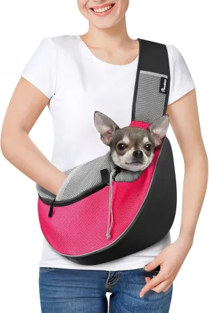 Pawaboo Dog Sling Carrier, Dog Papoose with Zipper Touch Pocket, Hand Free Breathable Mesh Puppy Carrier, Crossbody Satchel Dog Purse with Adjustable Strap for Outdoor Travel, Pink, Small
