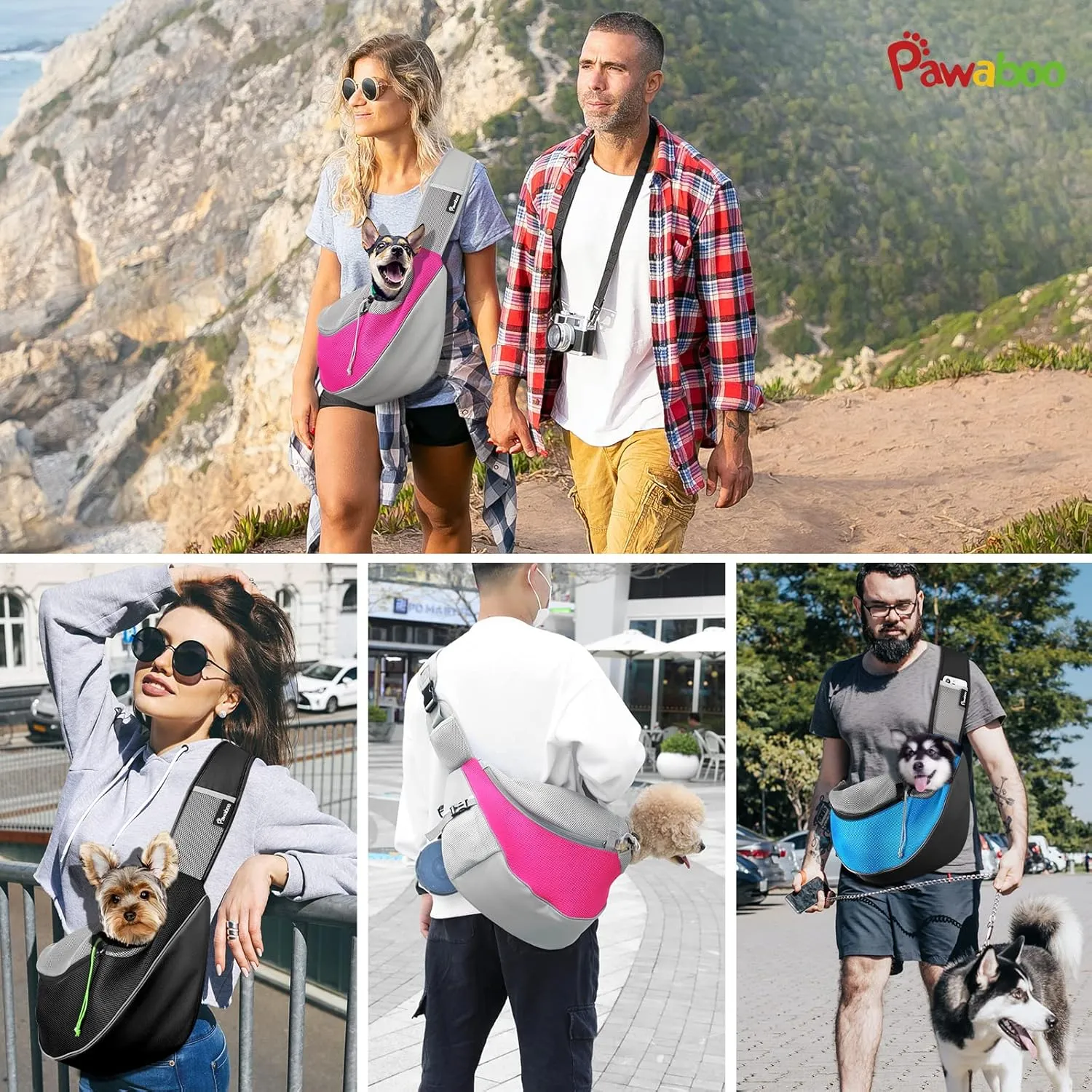 Pawaboo Pet Dog Sling Carrier, Hand Free Drawstring Dog Papoose with Adjustable Strap, Breathable Mesh Bag for Puppy Cat, Crossbody Satchel Dog Purse with Pocket for Outdoor Travel, Light Blue, Small