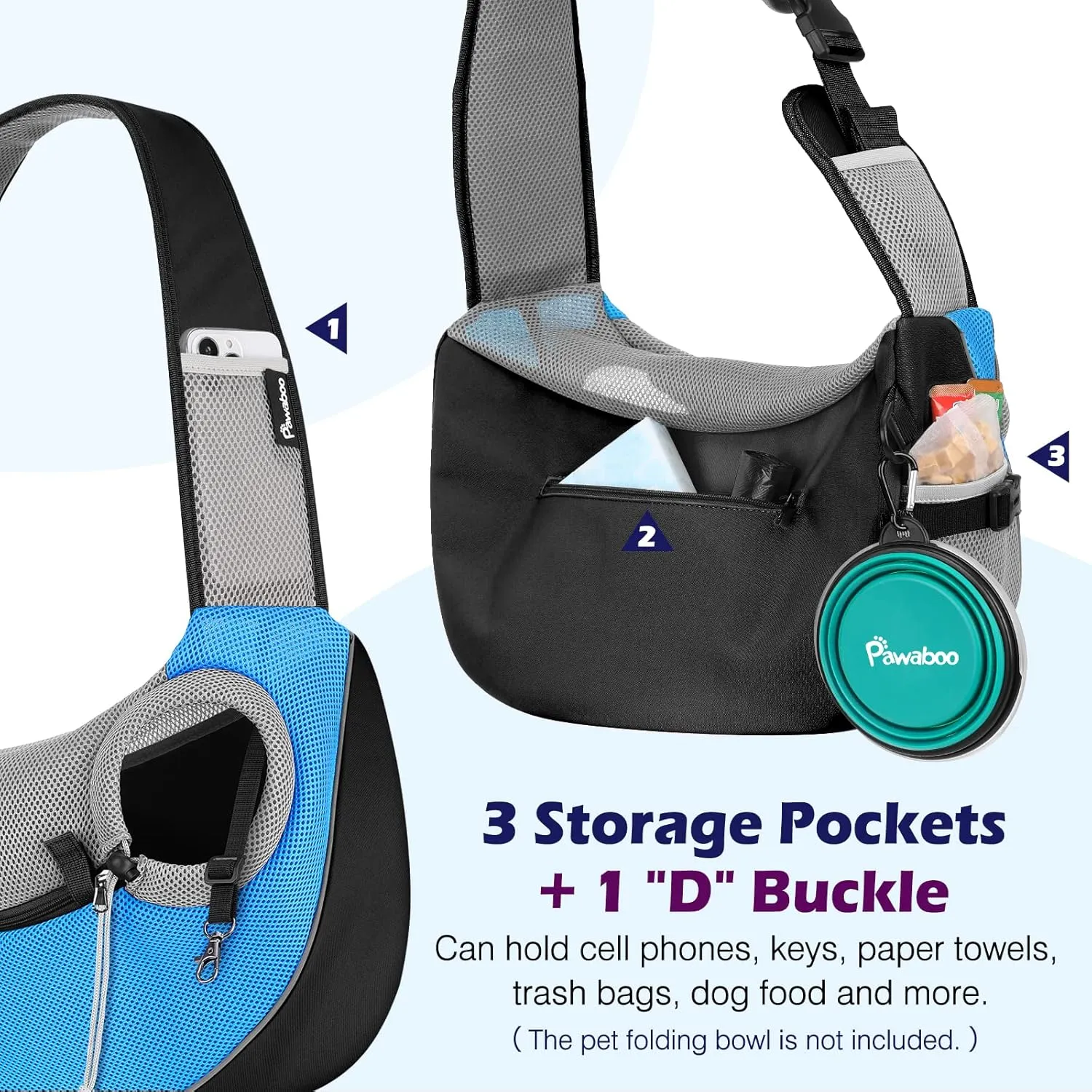 Pawaboo Pet Dog Sling Carrier, Hand Free Drawstring Dog Papoose with Adjustable Strap, Breathable Mesh Bag for Puppy Cat, Crossbody Satchel Dog Purse with Pocket for Outdoor Travel, Light Blue, Small