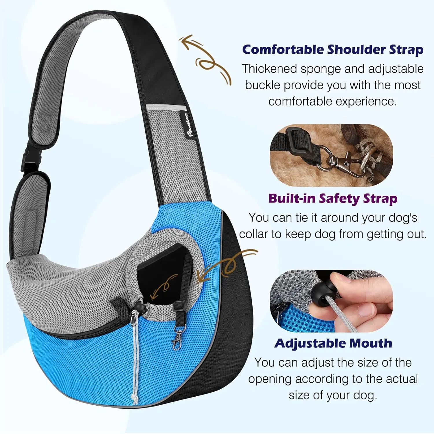 Pawaboo Pet Dog Sling Carrier, Hand Free Drawstring Dog Papoose with Adjustable Strap, Breathable Mesh Bag for Puppy Cat, Crossbody Satchel Dog Purse with Pocket for Outdoor Travel, Light Blue, Small